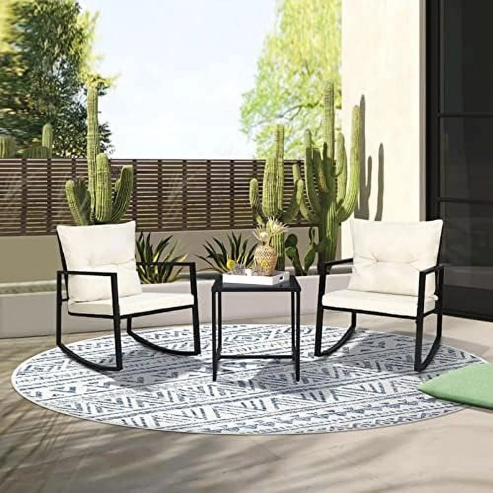 QUGDXVBN 3-Piece Patio  Outdoor Rocking Chairs Set Black Wicker Porch Chairs with Glass Coffee Table  Beige Cushion