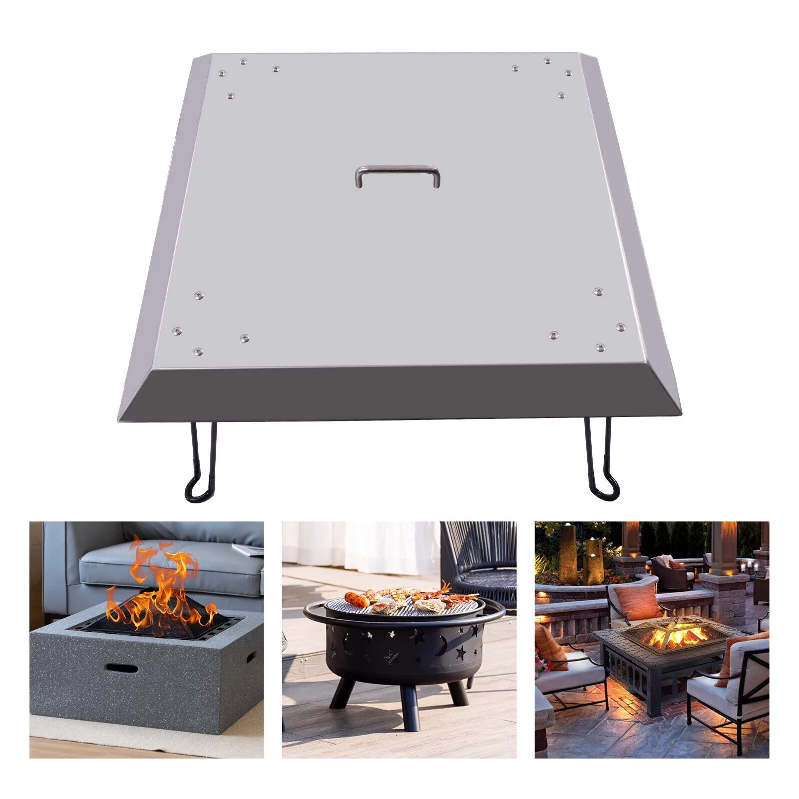 Silver Fire Pit Heat Deflector Square Outdoor& Indoor w/Foldable 4 Leg&Handle Stainless 25*25*12 in