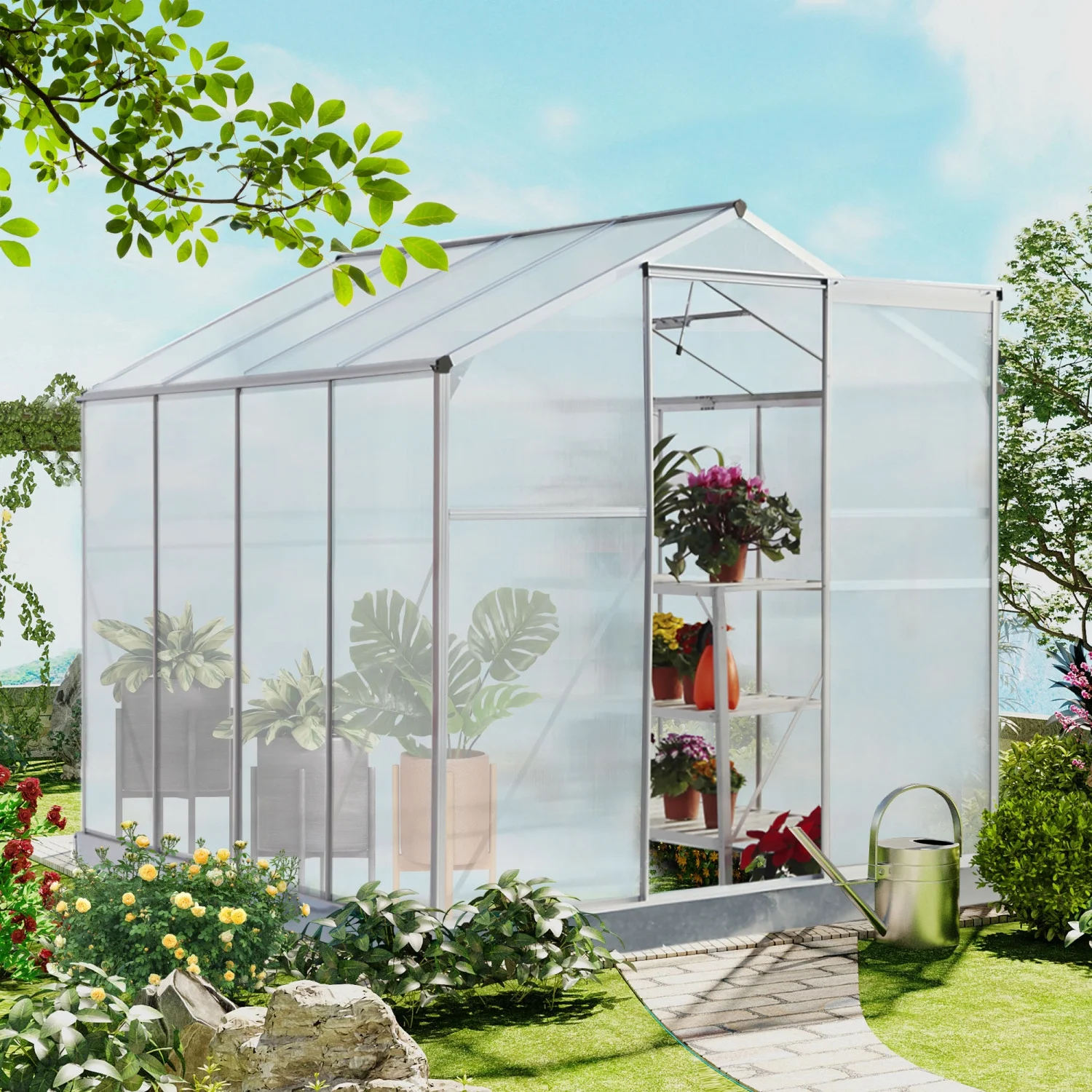 Sturdy Heavy Duty 6‘x 8‘ Polycarbonate Greenhouse for Outdoor Backyard Plant Garden - Walk-in Structure to Safeguard Your Plants from Harsh Elements and Weather Conditions