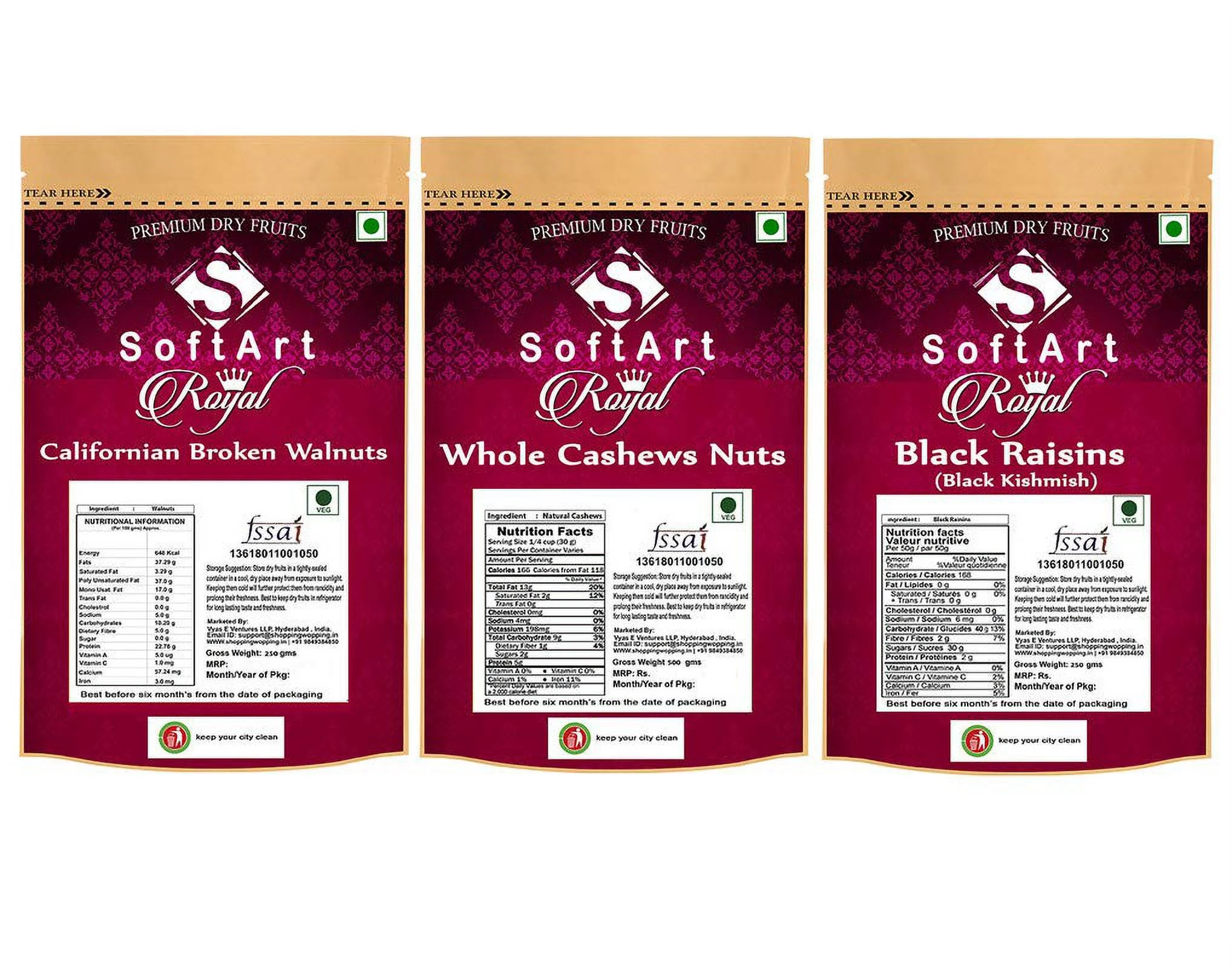 Softart Royal Californian Broken Walnuts, Whole Cashews Nuts & Black Kishmish (Black Raisins) (250G Each) Vacuum Pack