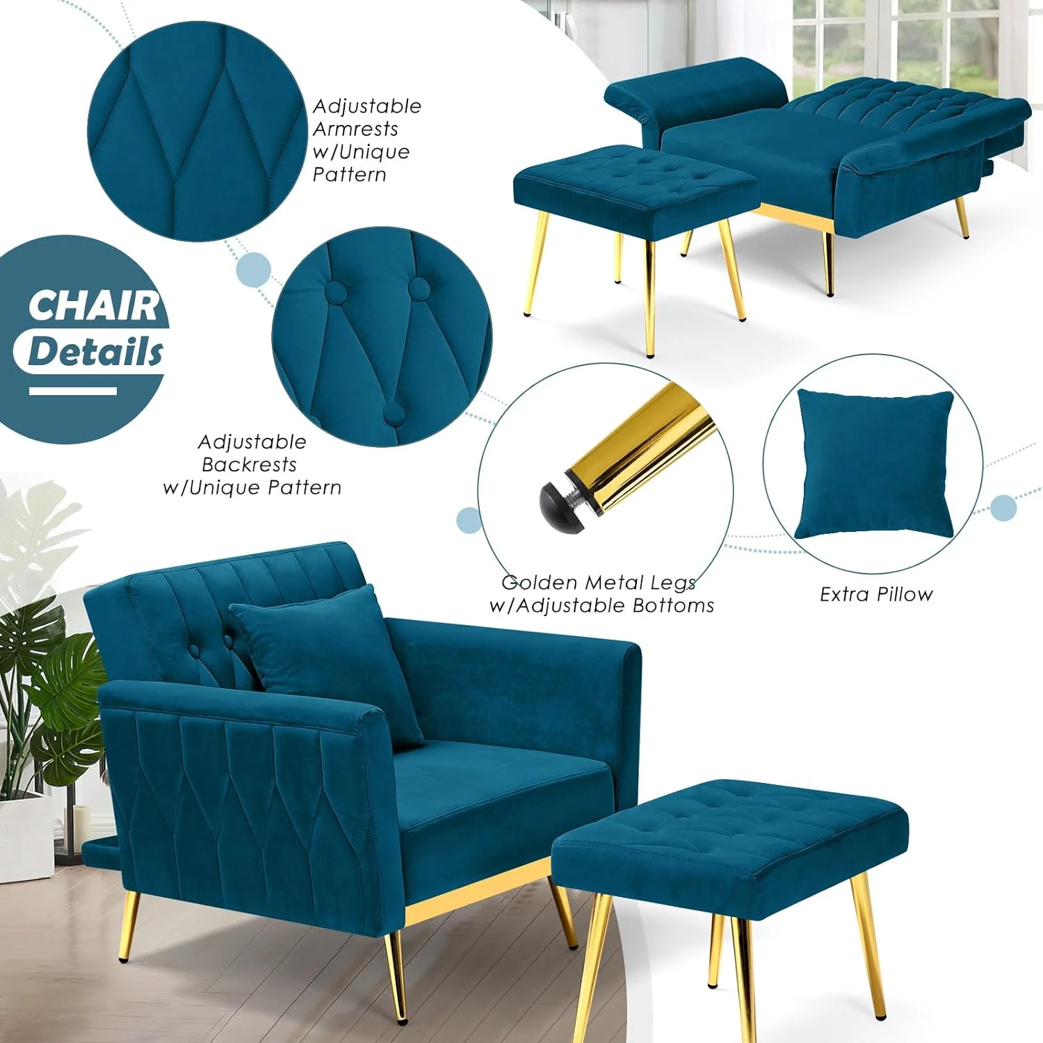 HBROLJF Velvet  Chair with Adjustable Backrest and Armrests  Single  Armchair with Ottoman and Golden Mental Legs  Room  Bedroom and Waiting Room  Teal