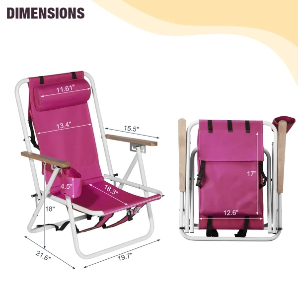 Al Fresco Beach Chair, Camping / Sunbathing Chairs with 4 Adjustable Position, Head Pillow, Cup Holders, Folding Fishing Backpack Lawn Chairs, Pink