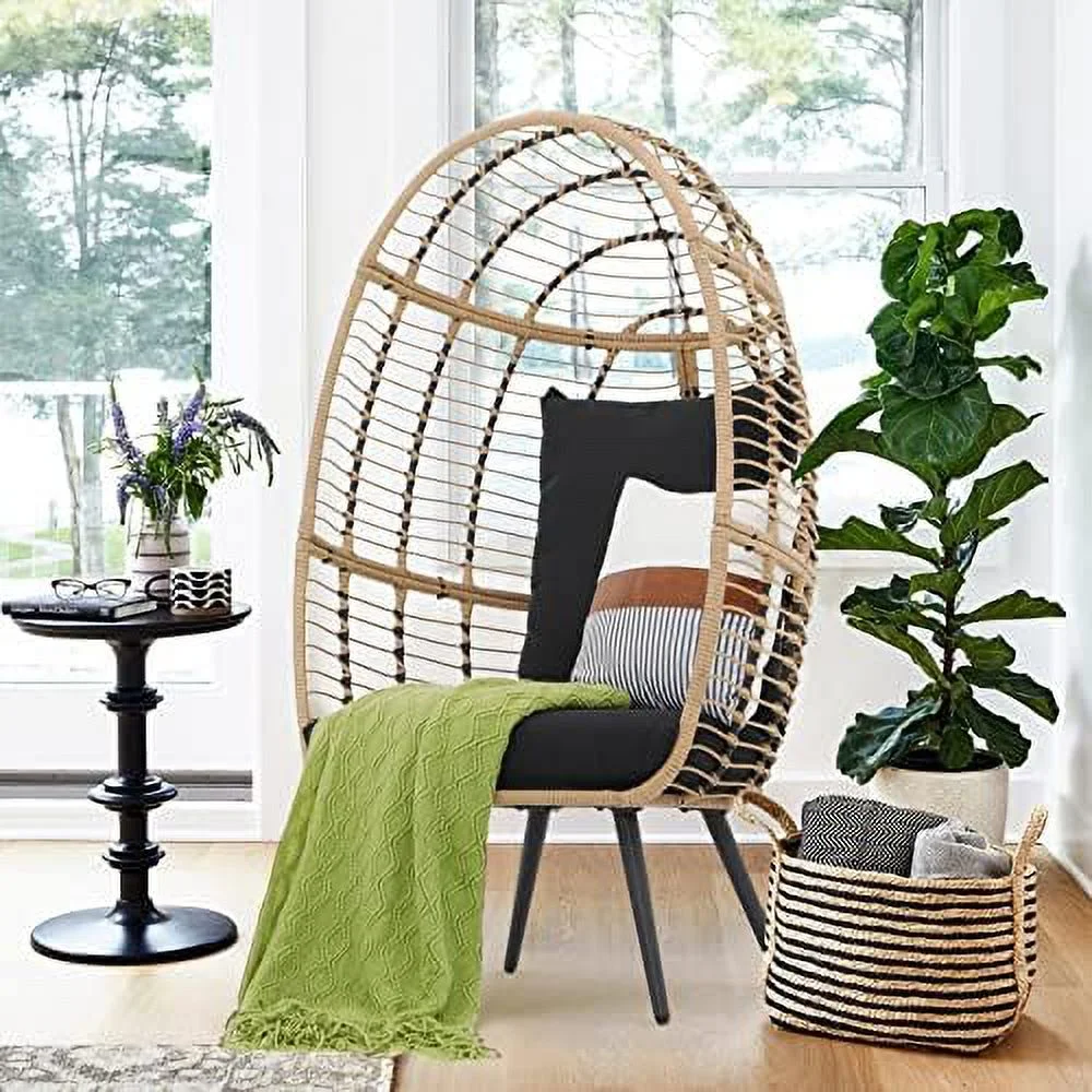QYFZBIM Wicker Egg Chair Outdoor Indoor  Rattan Lounge Chair for Outside w/Legs Cushion  Basket Wicker Chair for Bedroom Living Room Front Porch Backyard Garden 350 lbs Capacity (Grey)