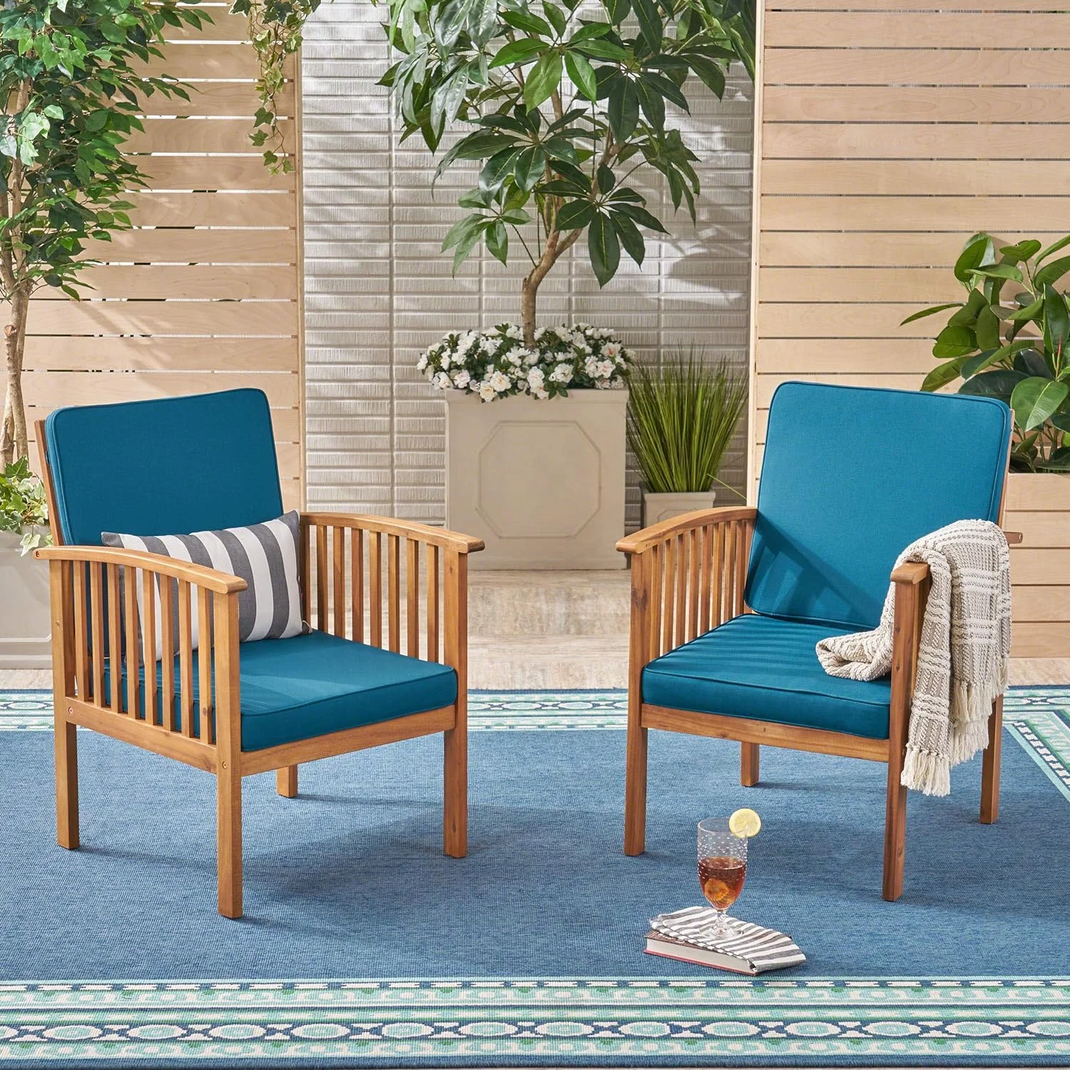 Ray Acacia Outdoor Acacia Wood Club Chairs, Brown And Dark Teal (Set Of 2)