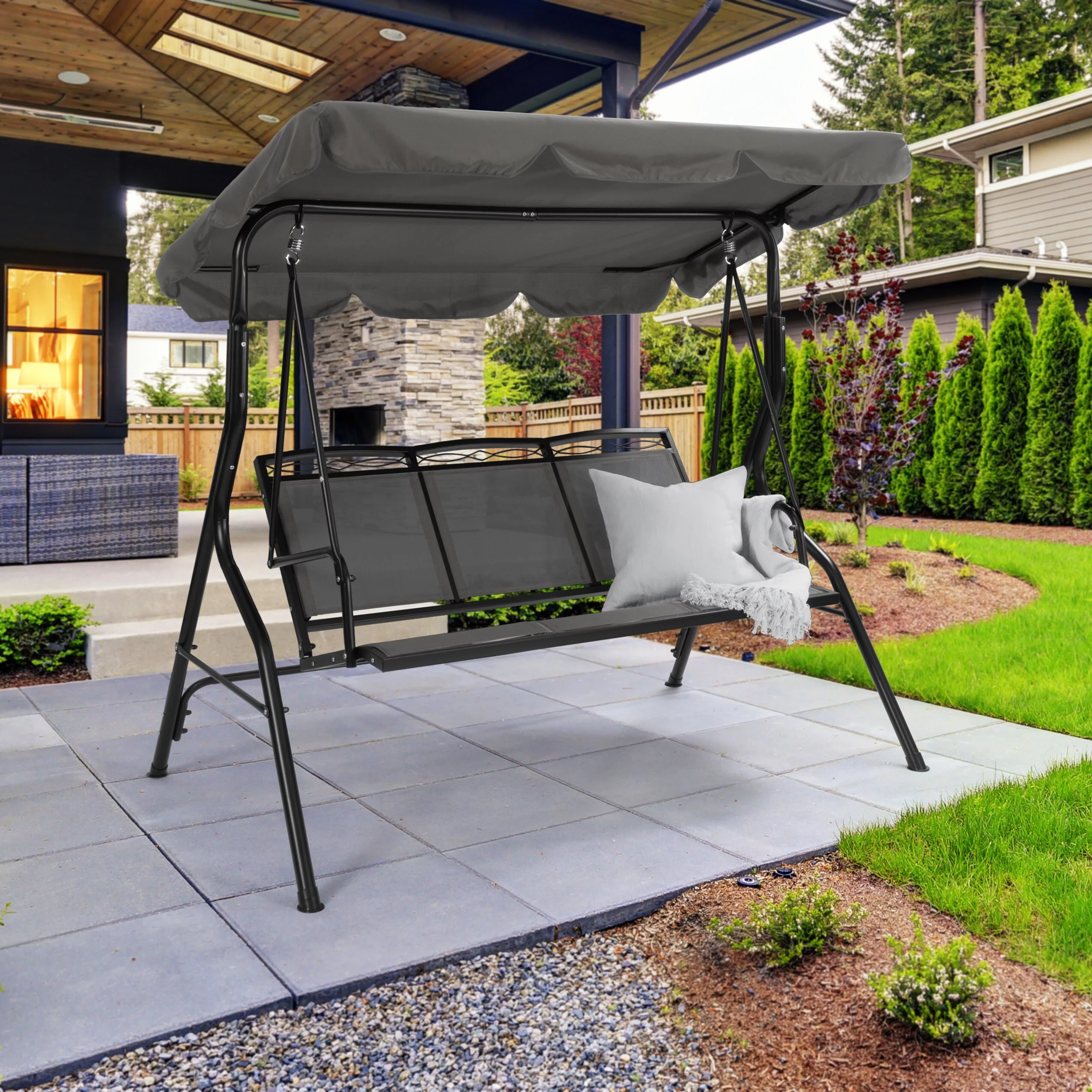 CorLiving Mesh 3-Seat Powder Coated Metal Frame Patio Swing with Canopy in Navy