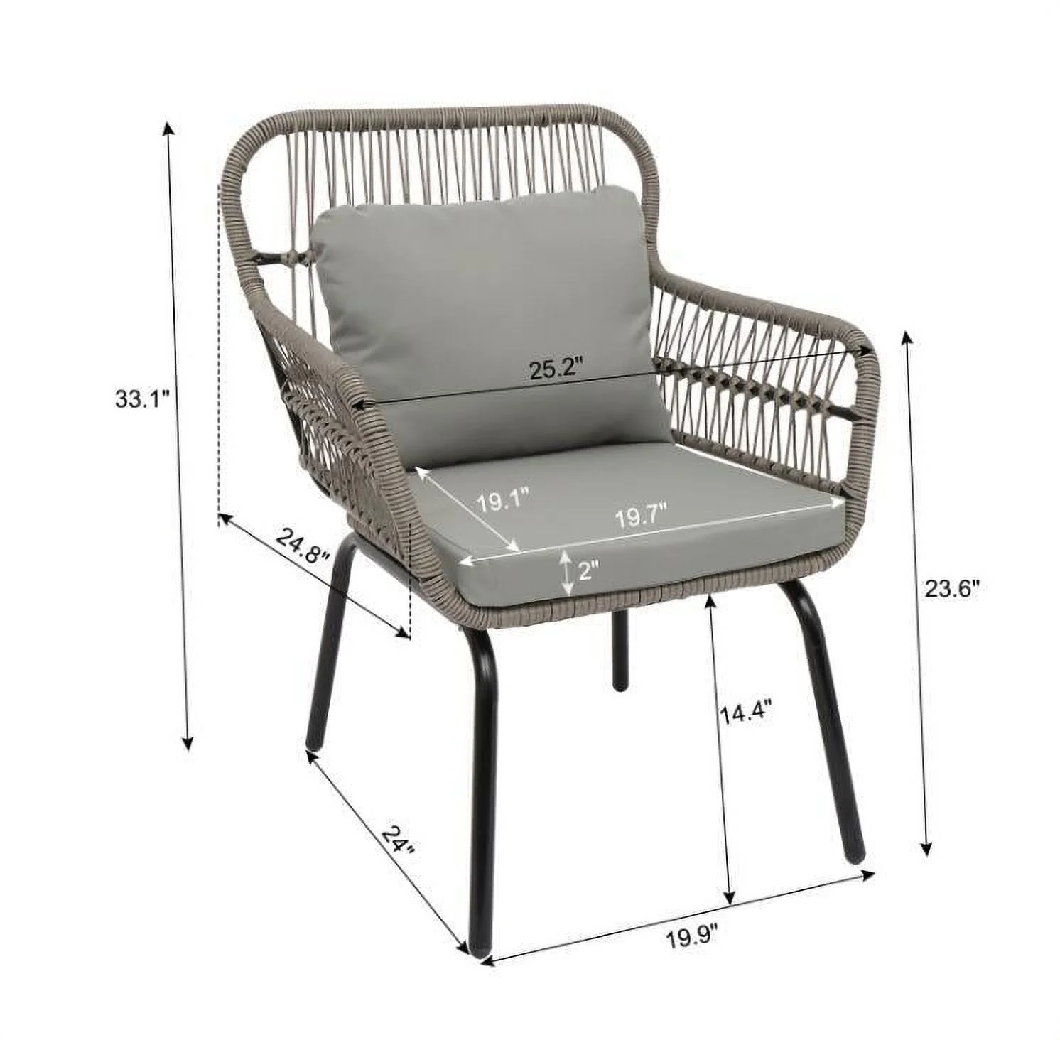 3pcs Patio Wicker Conversation Bistro Set 2 Chairs & Side Table & Cushions Gray