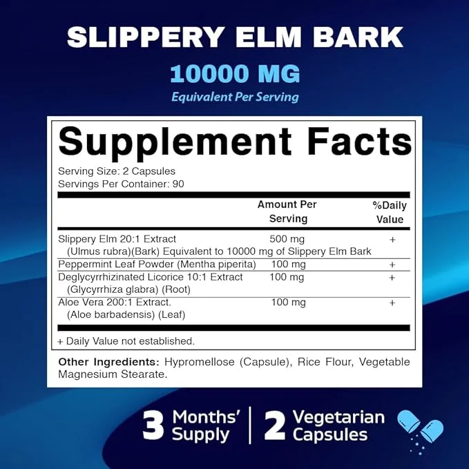 Vitamatic Slippery Elm Bark 20:1 Extract, 10000 mg Equivalent Strength Per Serving, Made with Peppemrint, DGL, & Aloe Vera - 180 Veg Capsules, and Concentrated 20X Potency