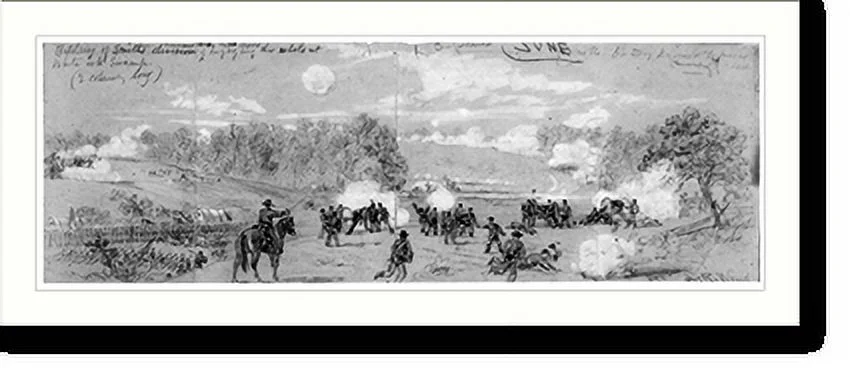Historic Framed Print, Artillery of Smith's division commanded by Capt. Ayres engaging the rebels at White Oak Swamp, 17-7/8