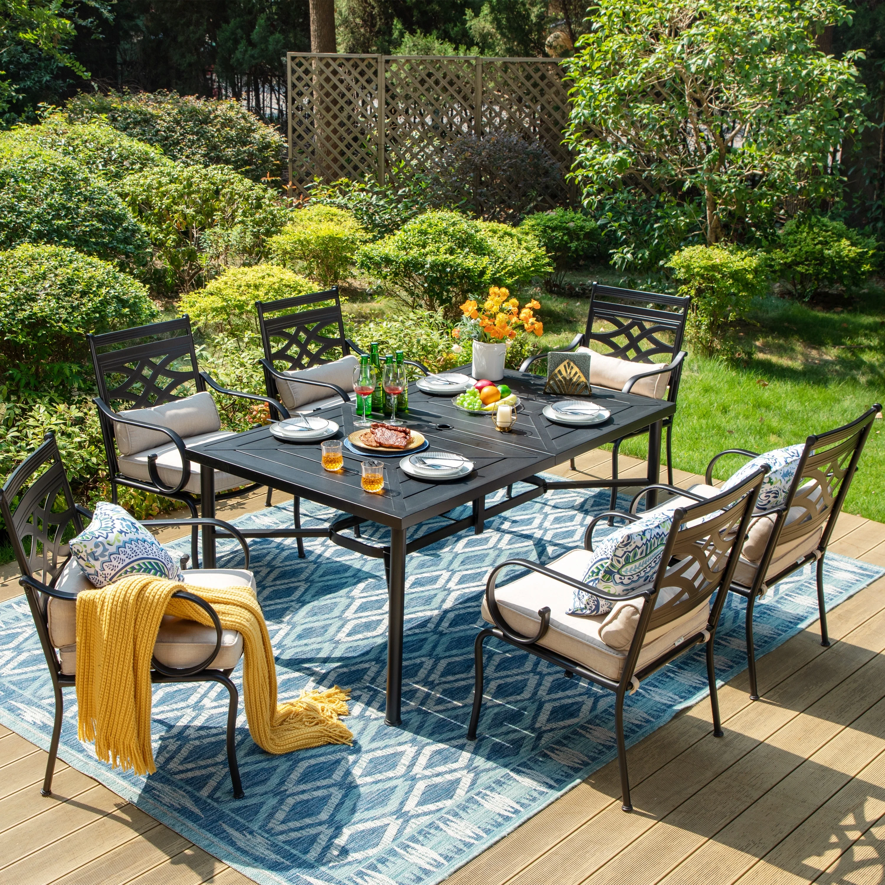7-Piece Outdoor Dining Set Steel Rectangle Table with Umbrella Hole & Elegant Cast Iron Pattern Dining Chairs +Fixed Chairs