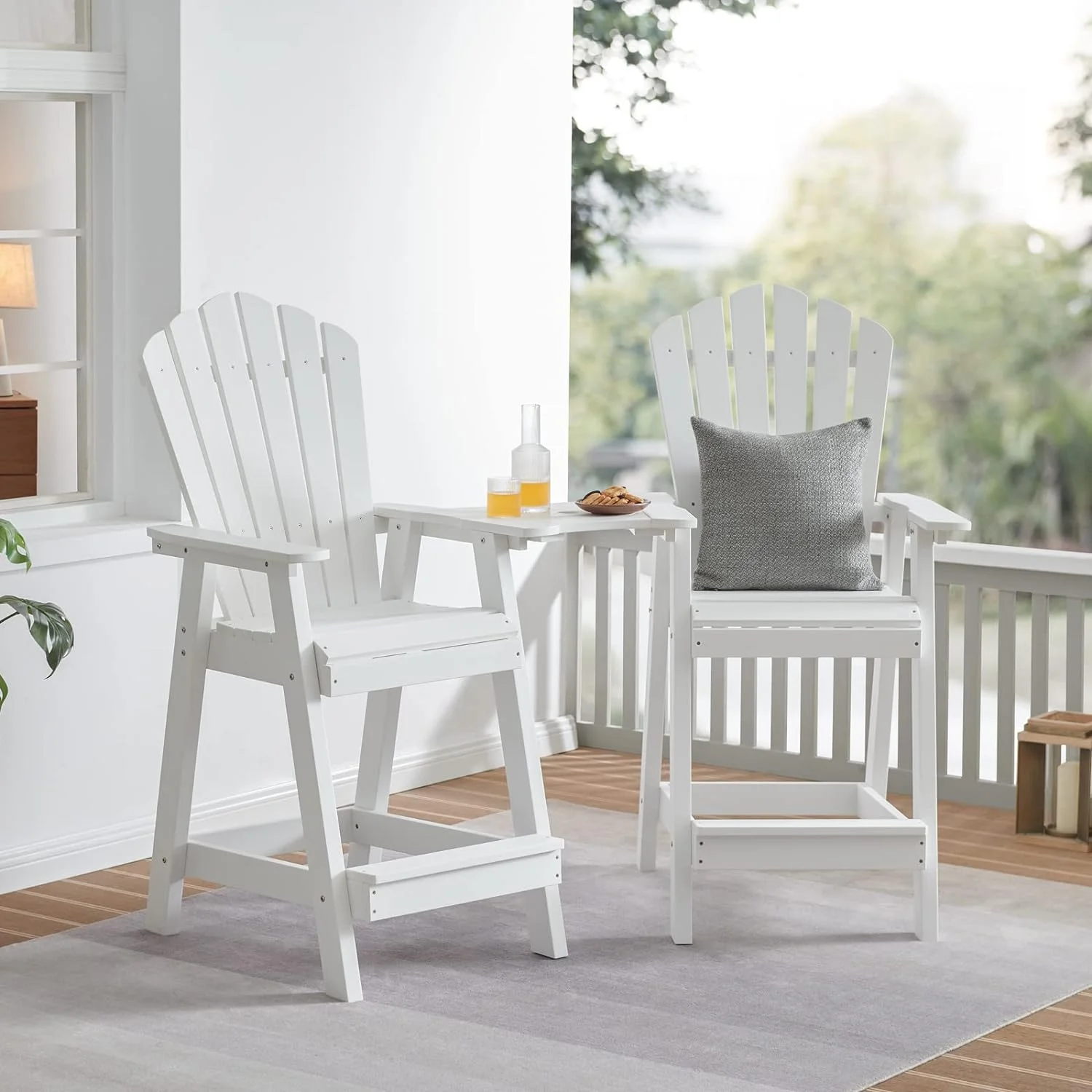 Tall Adirondack Chair Set of 2, Lumber Outdoor Bar Stools with Connecting Tray, 350Lbs Support Patio Chairs for Balcony, Deck, Weather Resistant Outdoor Patio Furniture Sets (White)