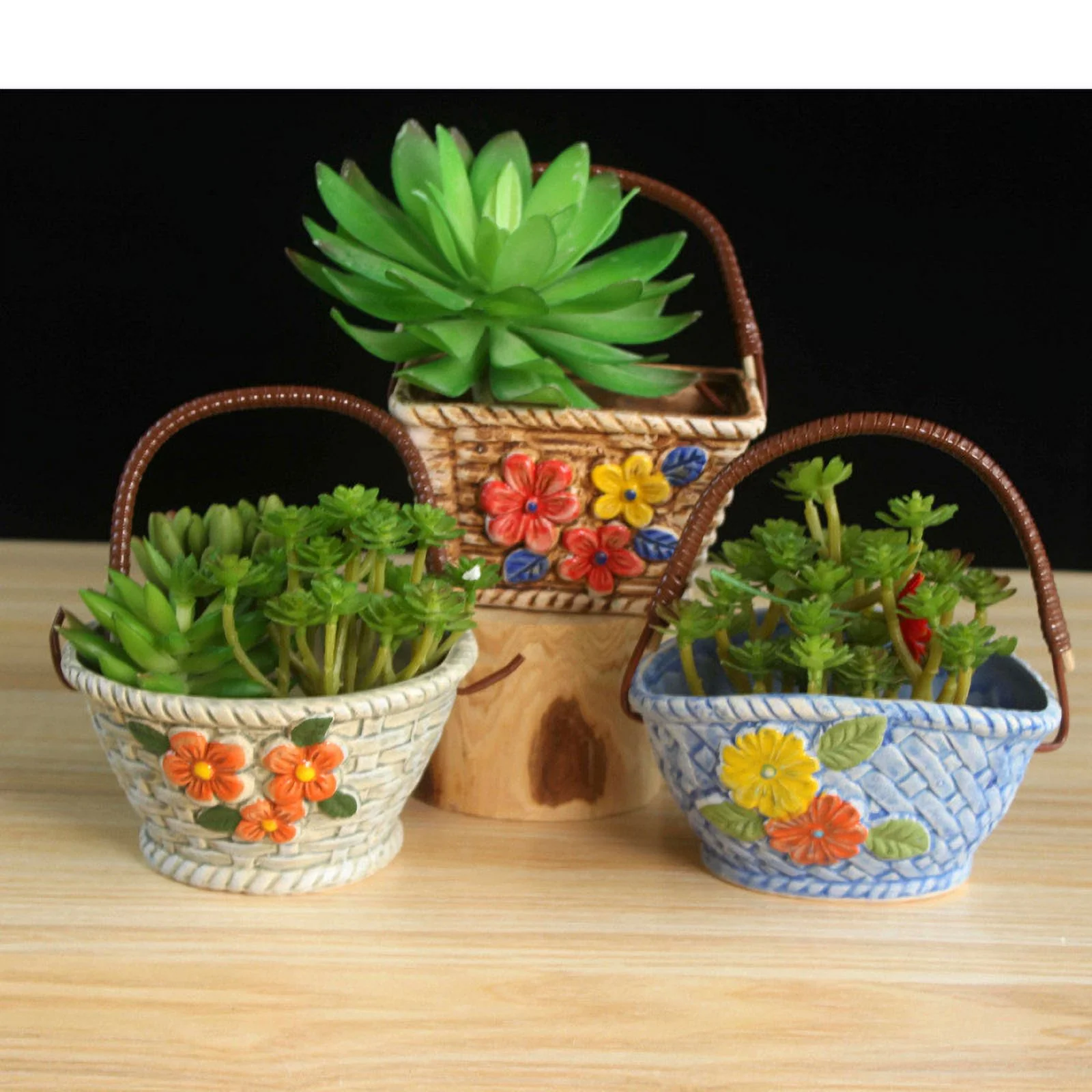 Hand-painted Ceramic Succulent Planter - Handled Basket Design