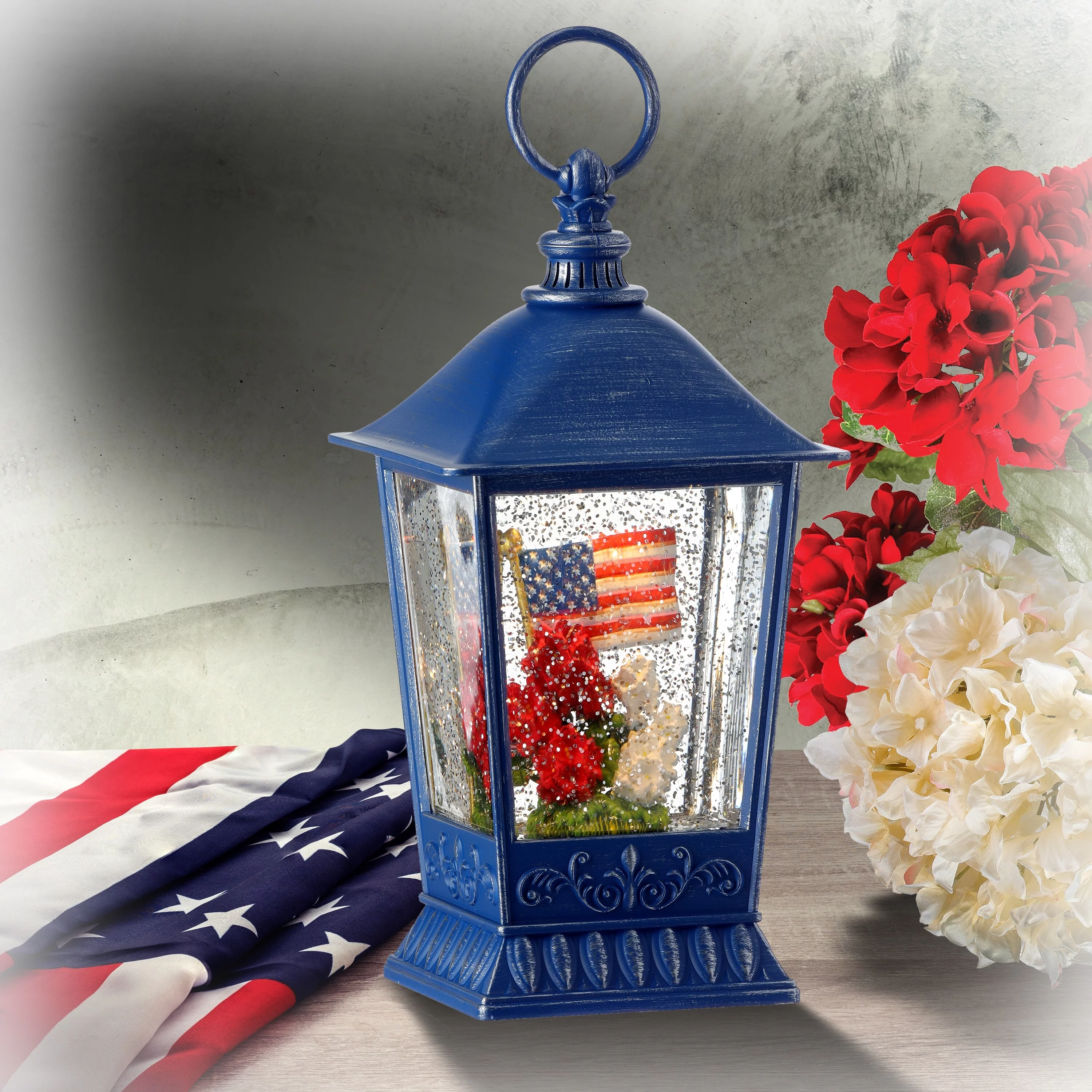 American Flag And Geranium Waterglobe With Usb 9.5