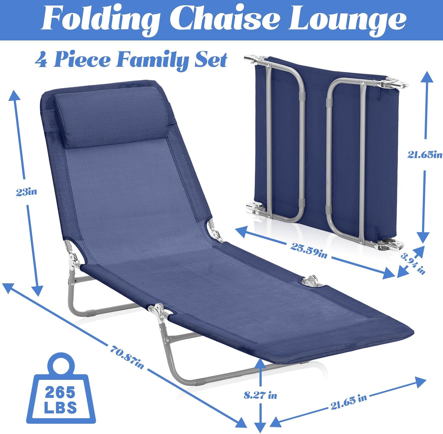 4 Pack Folding Chaise Lounge Chair Tanning Chairs with Adjustable 5 Position and Pillow Waterproof Breathable Mesh Steel Frame Pool Sun Tanning Chair for Beach Yard Patio Lawn
