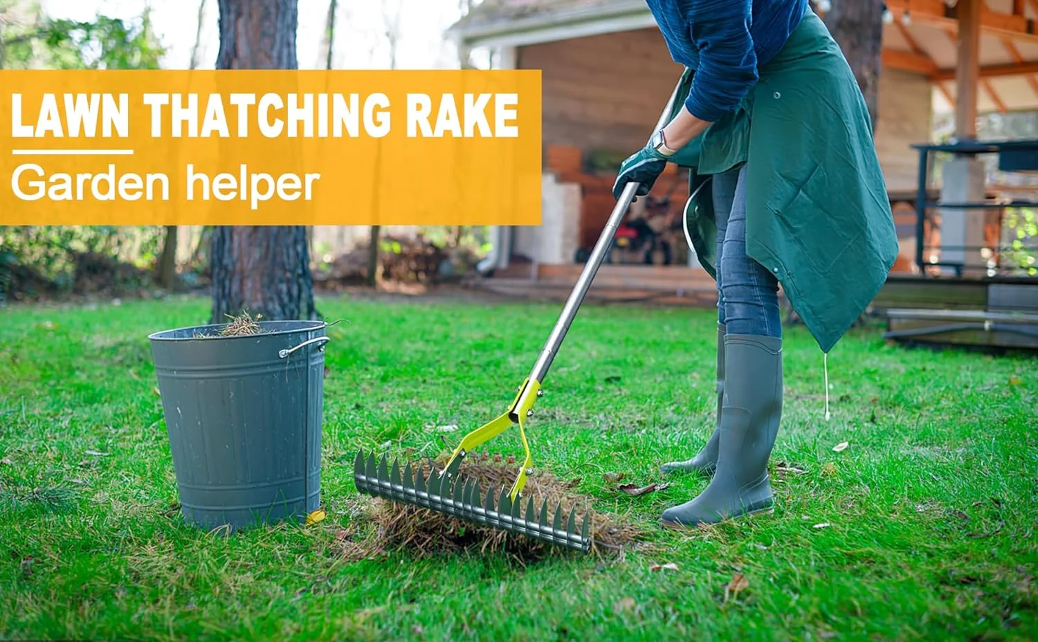 Thatch Rake, 15-Inch Wide Lawn Thatching Rake for Cleaning Dead Grass, Efficient Steel Metal Lawn Grass Rake with Stainless Steel Handle, Lawn loosening Soil Rake, 58.5-Inch Length.