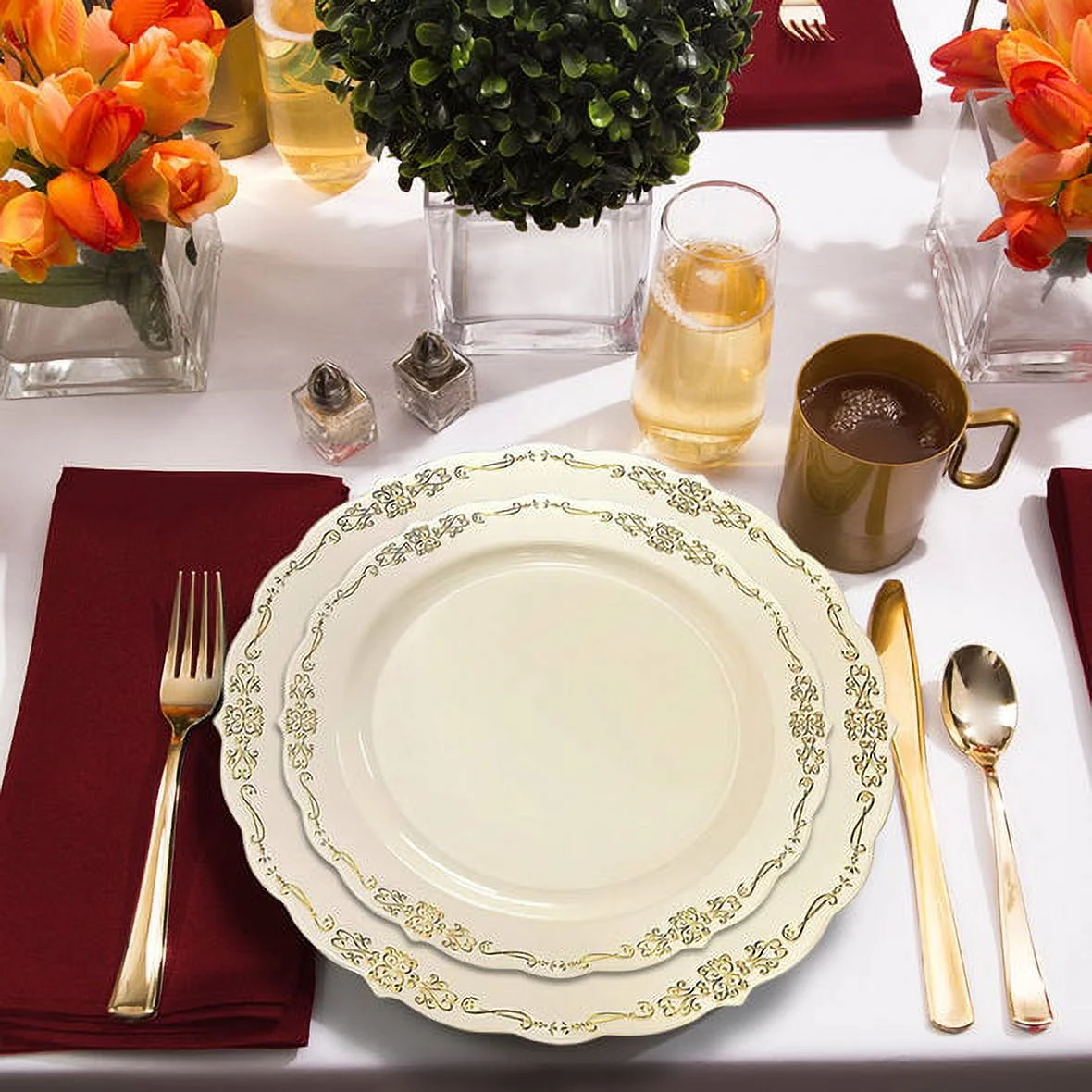 Smarty Ivory with Gold Vintage Rim Round Disposable Plastic Dinnerware Value Set 240ct