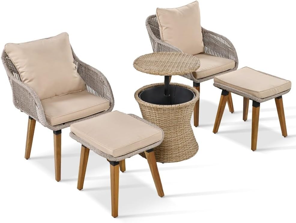 Dina 5 Pieces Patio Furniture Set Patio Conversation Sets with 2 Ottomans Soft Cushions and Wicker Cool Bar Table Outdoor Rattan Chairs for Garden Porch Balcony Backyard Poolside (Brown)