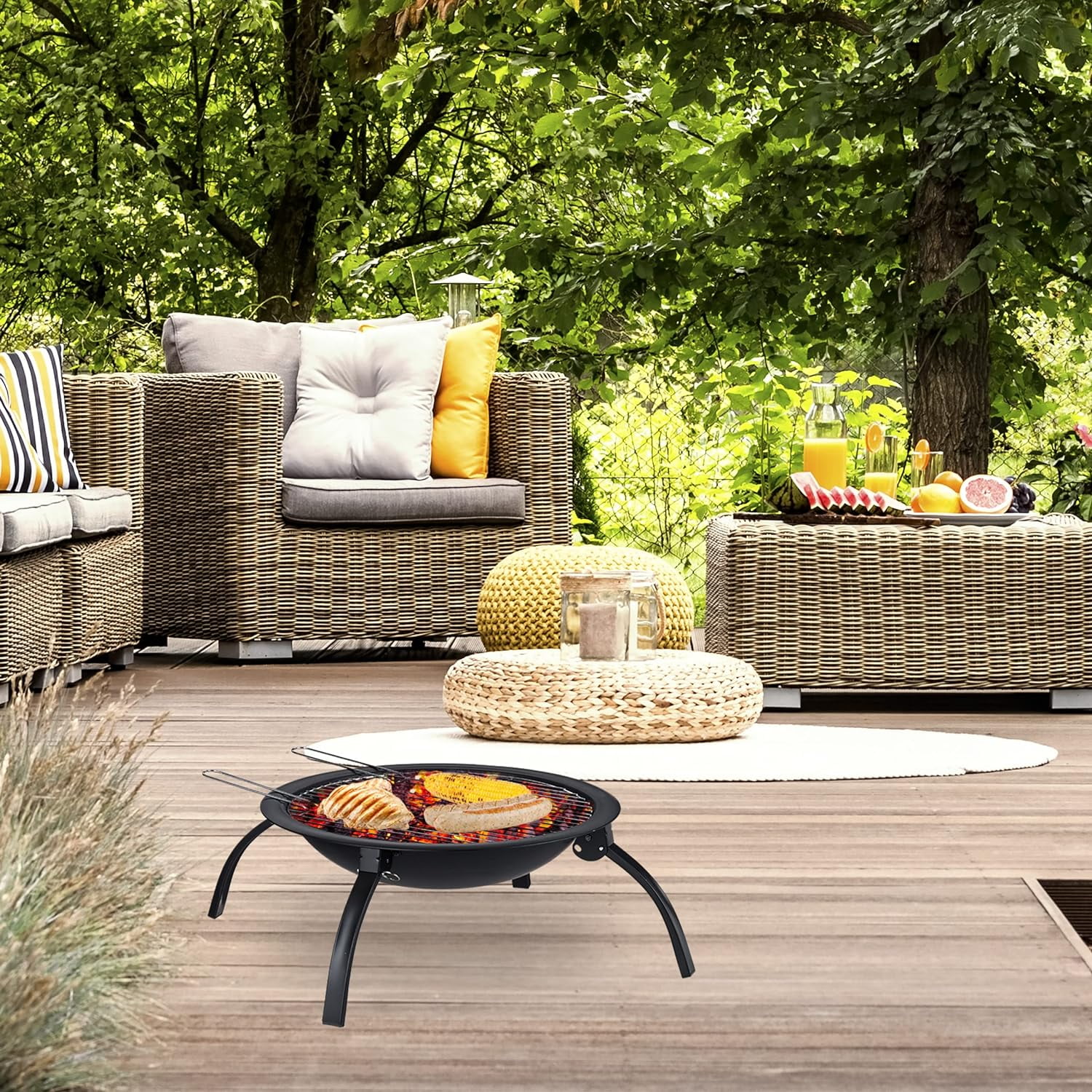 XL fire bowl, grill grate, poker, spark guard lid, garden, terrace, fireplace D 56.5 cm, black