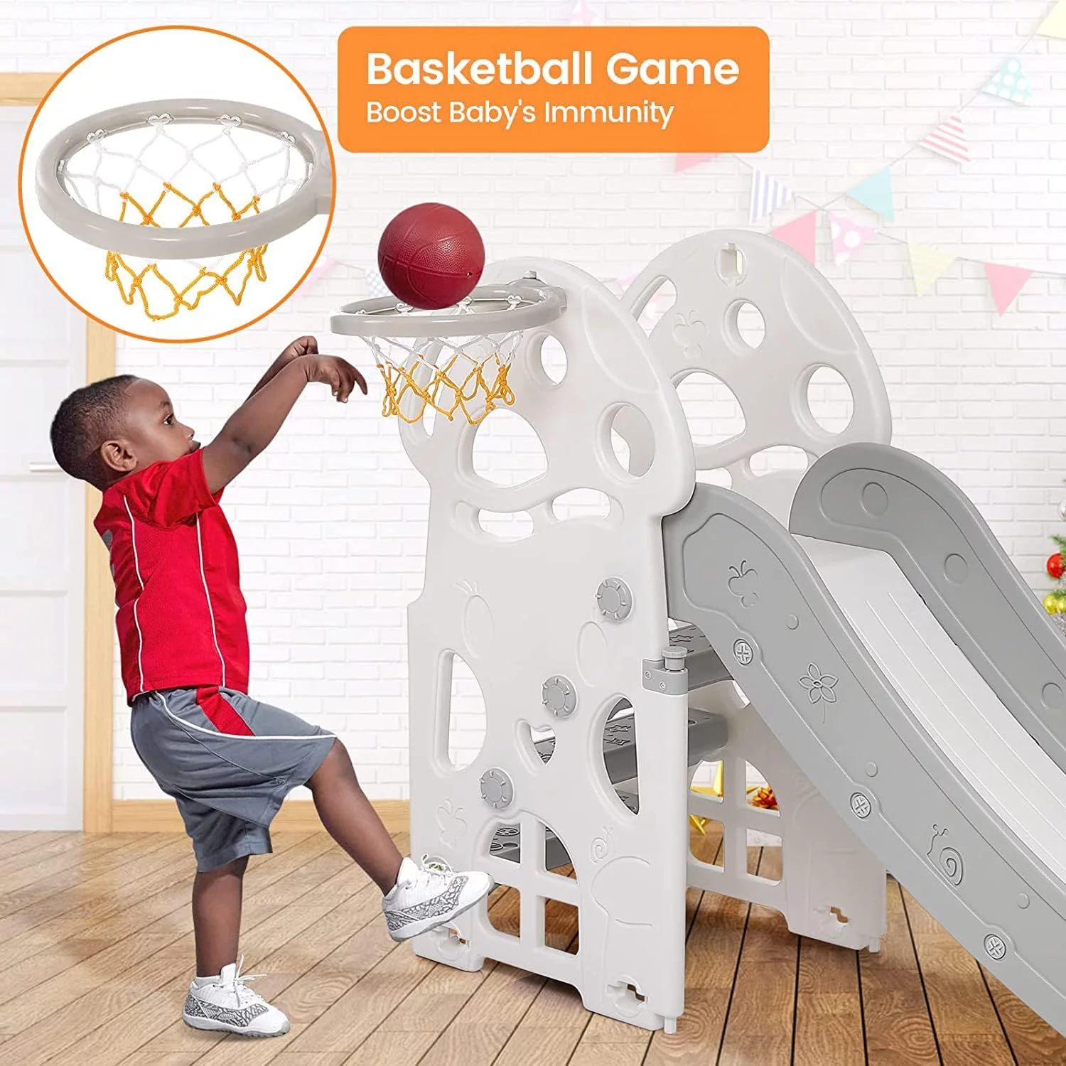 Indoor Slide for Toddlers 1-3, Kids Slide with Basketball Hoop and Climbing Ladders, 3 in 1 Freestanding Slide Playset Indoor Outdoor Playground for Kids