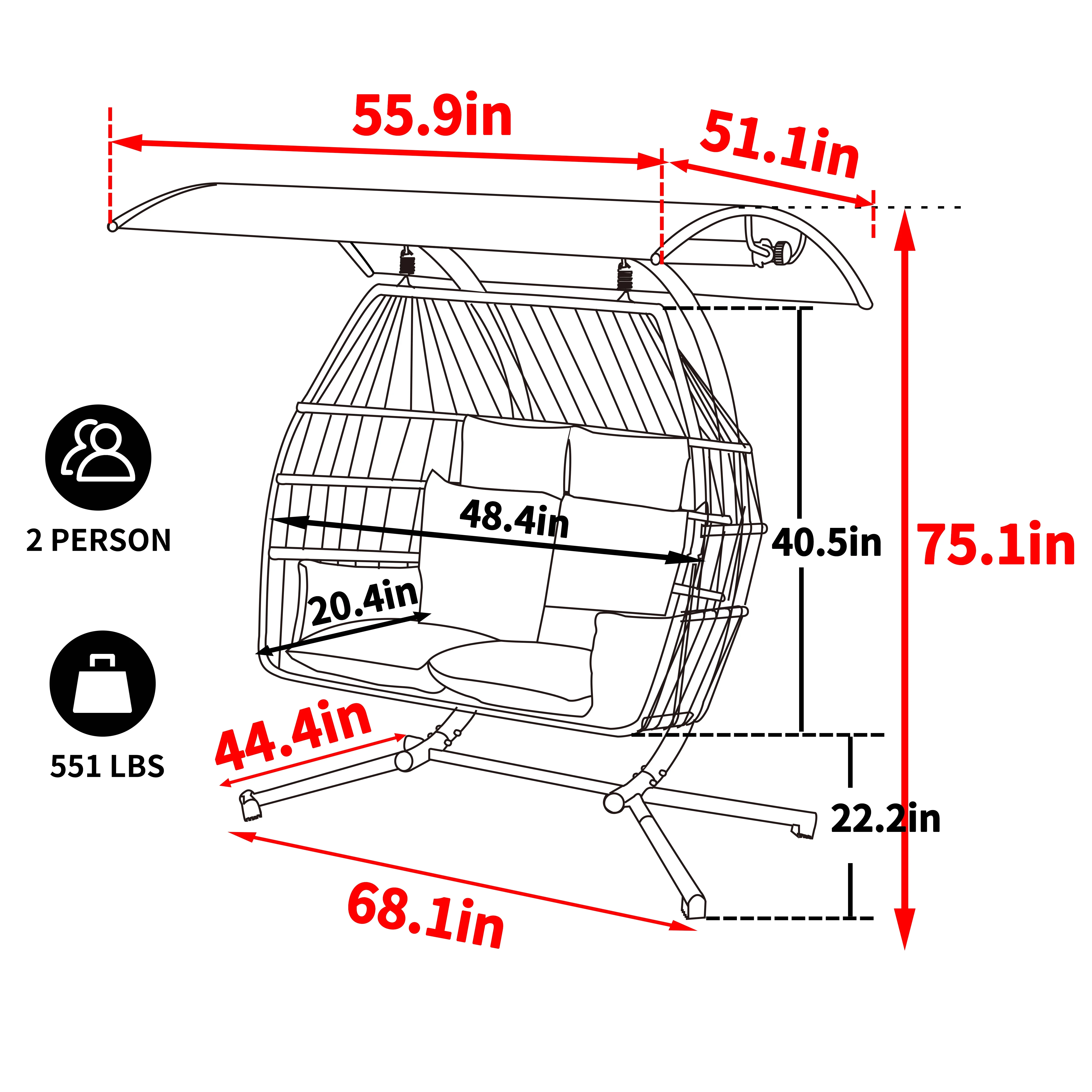 VEIKOUS 2-Seat Large Wicker Swing Egg Chair w/ Adjustable Canopy, Stand and Attachable Cushions, Grey