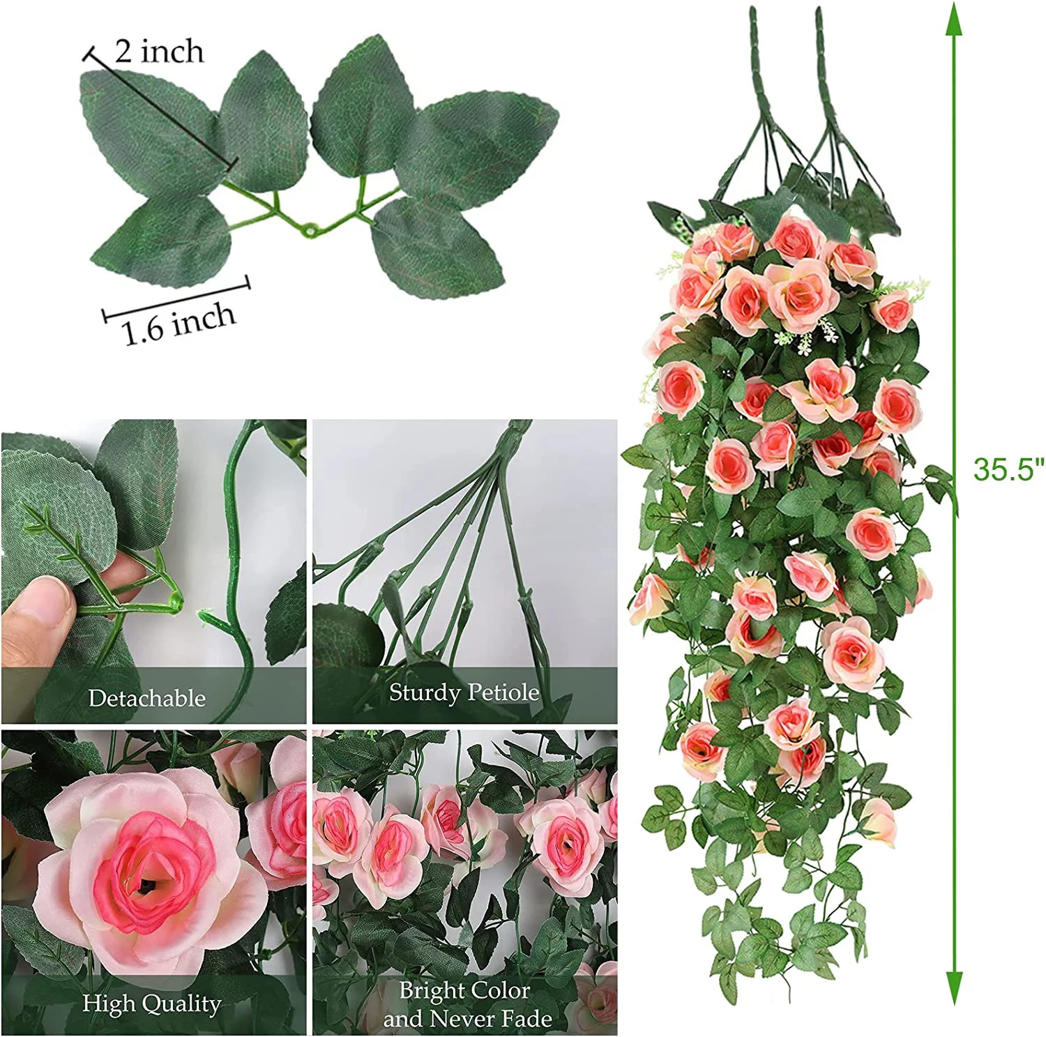 Zukuco Artificial Hanging Flower Fake Rose Flower Vine Hanging Plants Faux Flowers for Porch Eave Wall Home Room Garden Office Wedding Decoration, No Basket