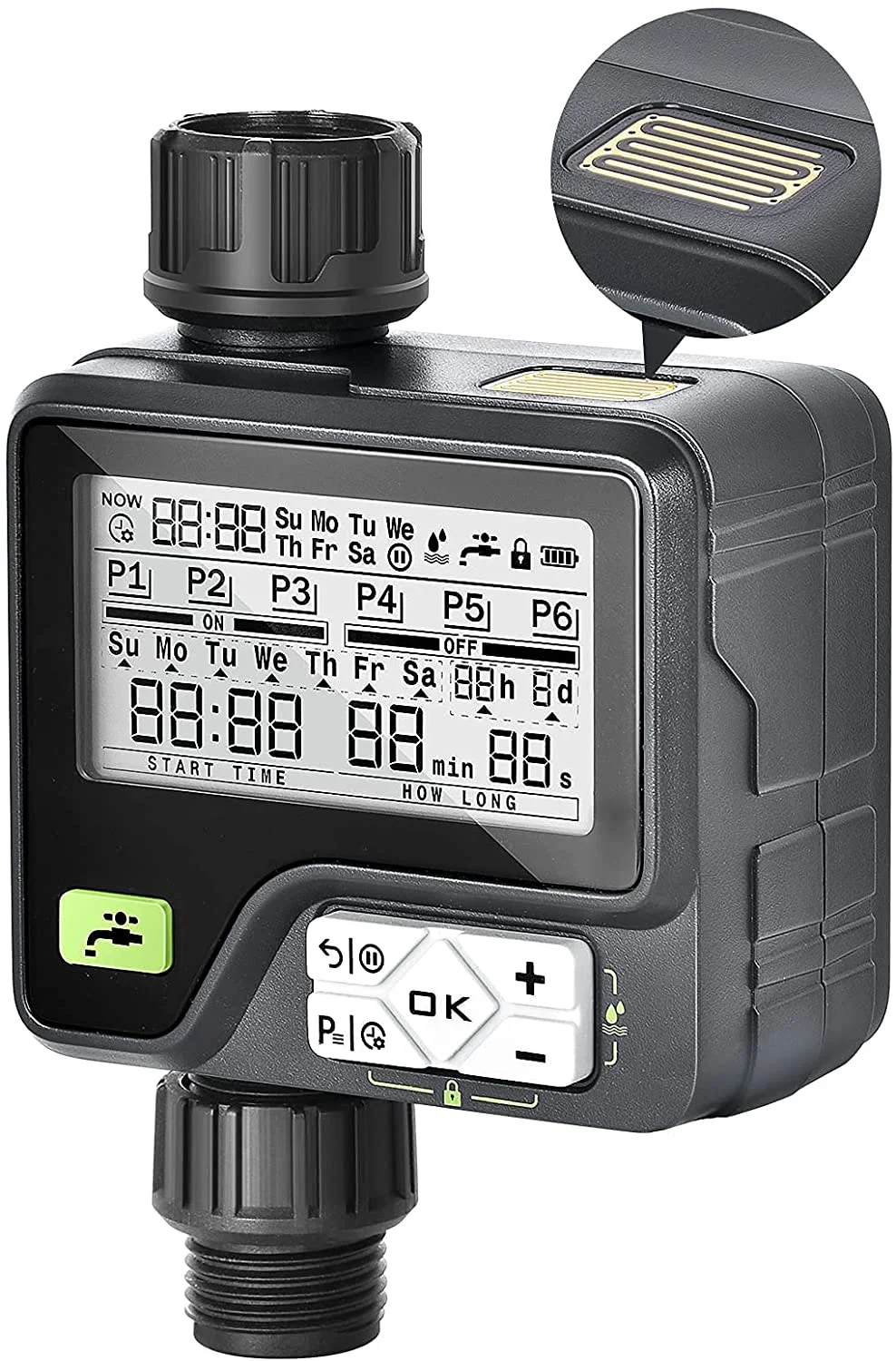 Sprinkler Timer, Rain Sensor Water Timer Garden Outdoor Hose wi Manual/Automatic/Rain Delay Watering System, Hose Timer wi Six Irrigation Modes Memory for Lawn, Garden, Black