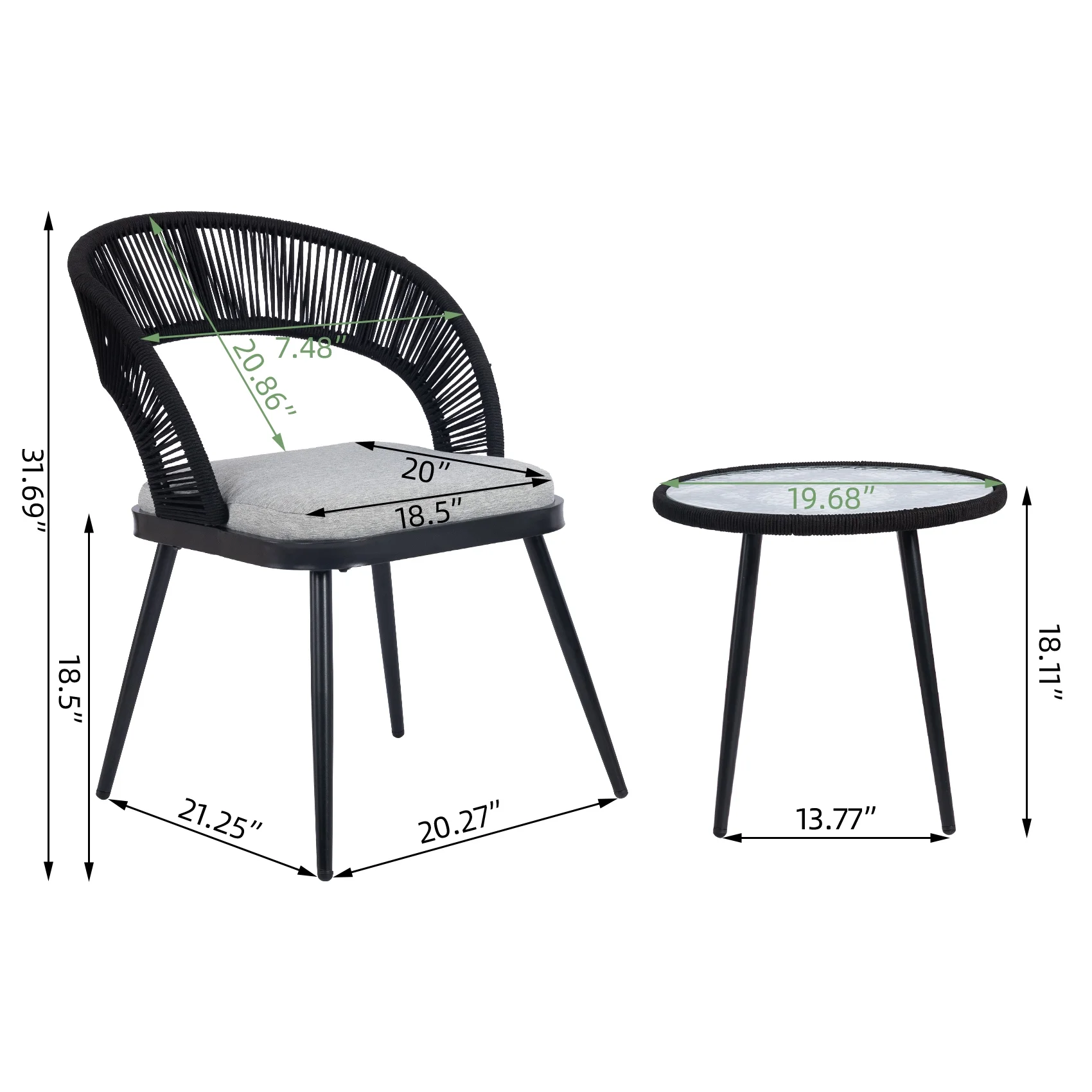 ALEAVIC 3 Pieces Rattan Patio Bistro Furniture Set, 2 Wicker Chairs and Glass Top Table, Black