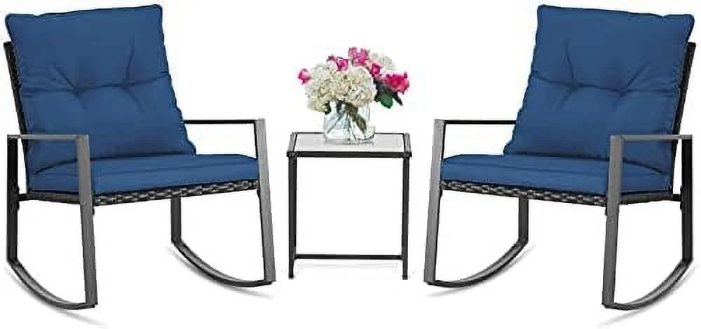 AEFRGHS 3-Piece Patio  Outdoor Rocking Chairs Set Black Wicker Porch Chairs with Glass Coffee Table  Beige Cushion