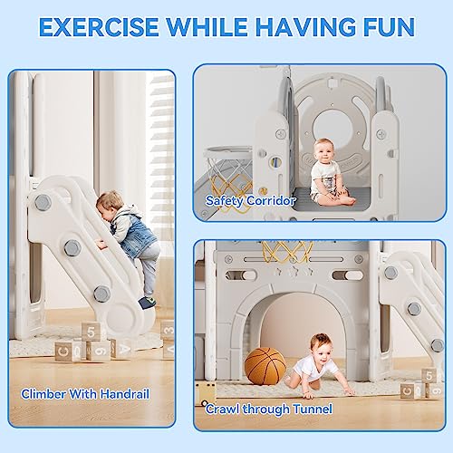 Toddler Slide, 8 in 1 Toddler Indoor Outdoor Playset with Slide, Climber, Basketball Hoop and Ball, Tunnel Crawl, Telescope and Storage Space, Kids Playground Sets for Backyards & Indoor