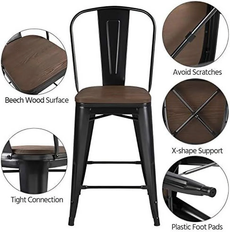 HYHBIBOOM 24Inch Seat Height Style Dining Stools Chairs with Wood Seat/Top and High Backrest  Industrial Metal Counter Height Stool  Modern Kitchen Dining  Chairs Rustic  Black  Set of 4