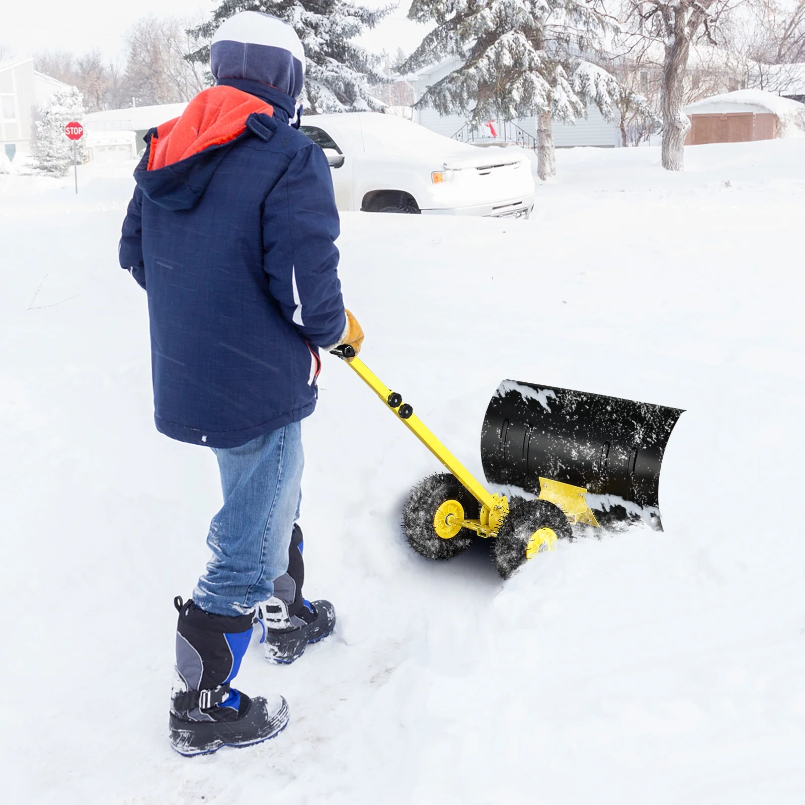 Adjustable Human-Powered Snow Plow - 74cm x 47cm - Durable Iron Construction - Easy Snow Clearance - Yellow and Black Design