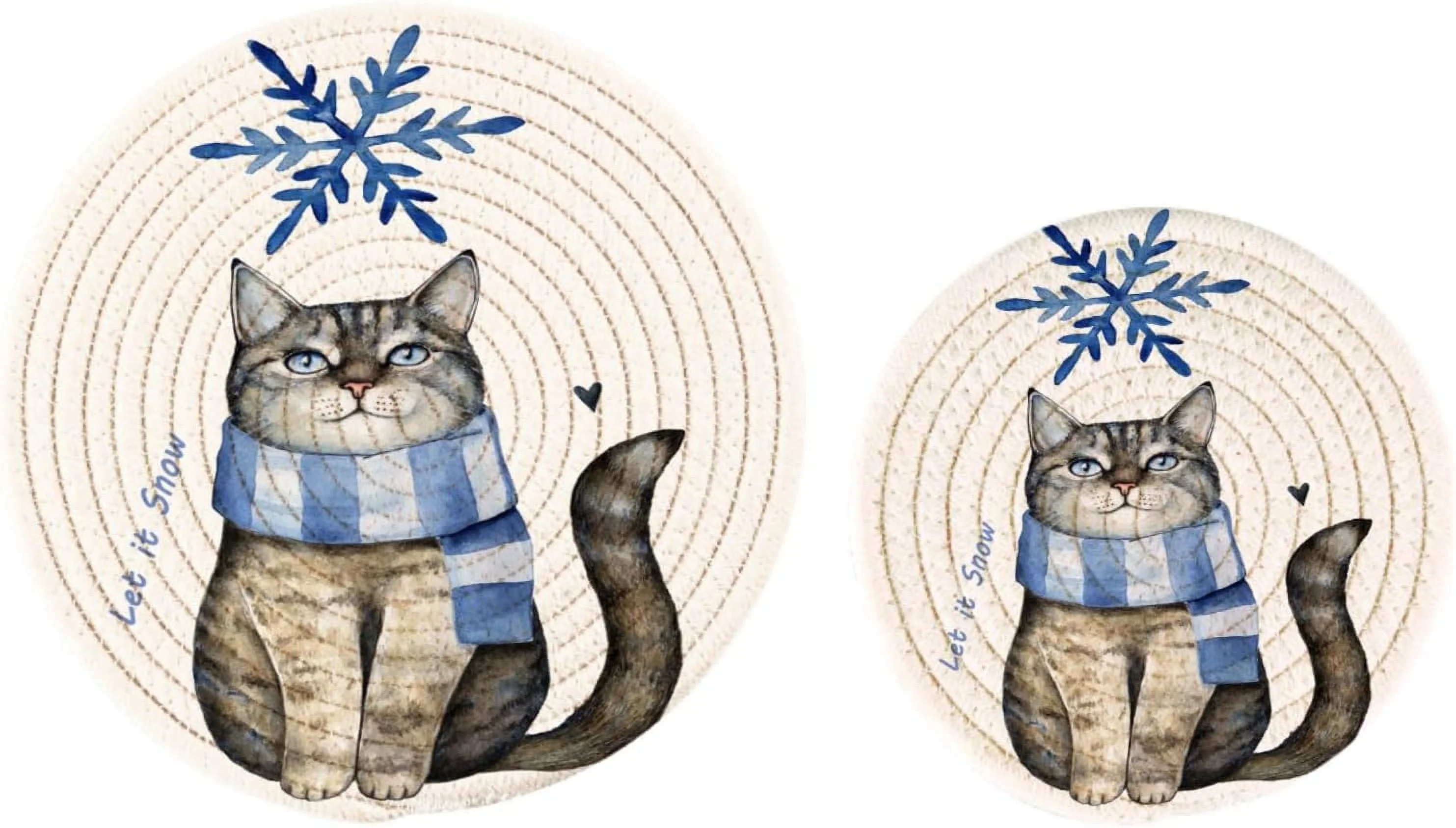 Cute Cat Snowflake Christmas Let It Snow 2 Pcs Round Woven Pot Holders Trivets Set, 100% Cotton Coasters Placemats for Cooking Baking Hot Dish Pan Pot Bowl Teapot, 9.45 In + 7 In