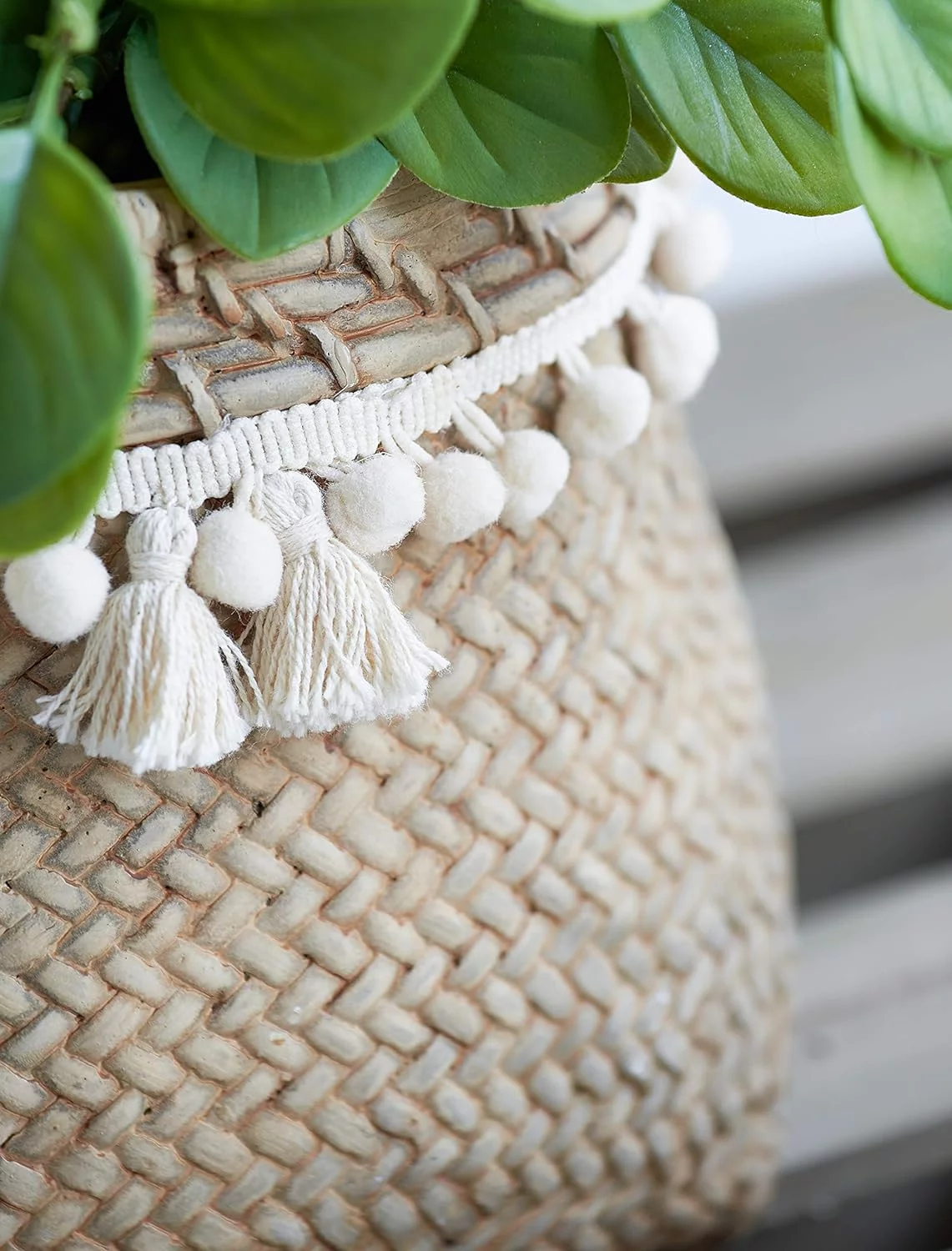 Small Woven Wicker Basket Planter Bamboo Rattan Rigid Cement Construction Indoor Outdoor Bohemian Farmhouse 7