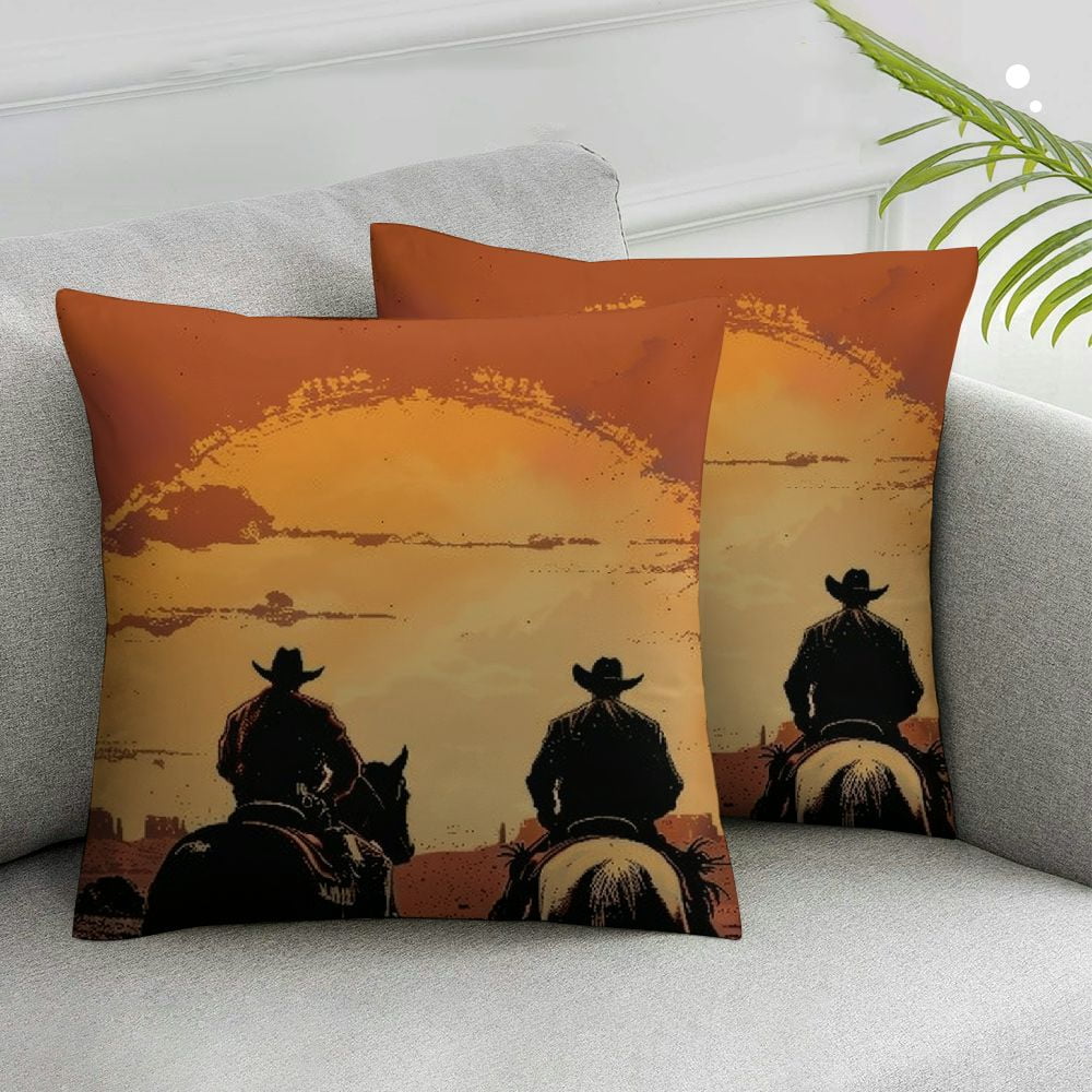 Nawypu Throw Pillow Covers Cowboys Sunset Grunge Western Cowboy Wild West Ranch Landscape Country Dessert Horse Graphic for Couch Living Room  Set of 2 White