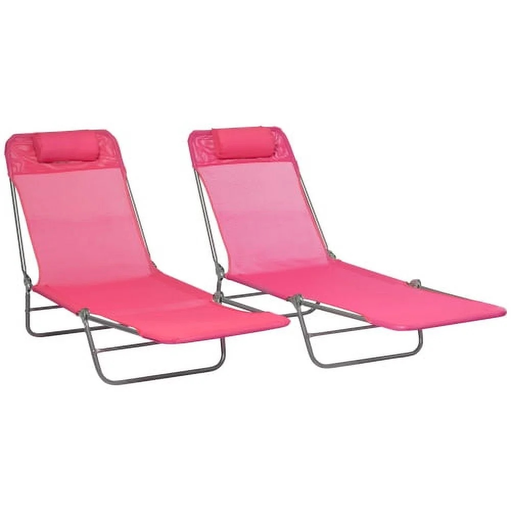 GUIOIHDC 2 Piece Folding Chaise Lounge Chairs  Pool Sun Tanning Chairs  Outdoor Lounge Chairs with 6-Position Reclining Back  Breathable Mesh Seat  Headrest for Beach  Yard  Patio  Pink