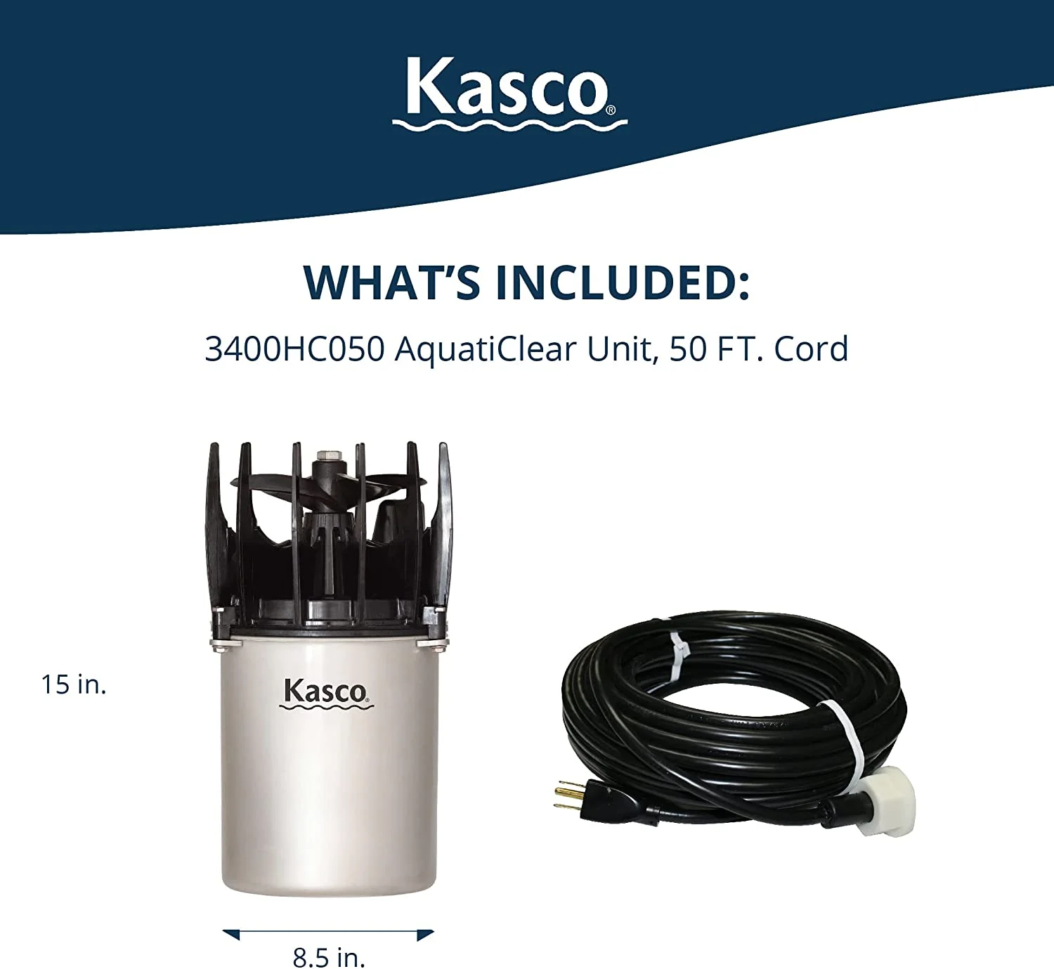 Kasco AquatiClear Water Circulator Pump, 3/4 HP w/200 ft. Power Cord, Clog-Resistant Water Circulation Pump to Keep Dock, Marina & Shoreline Free of Algae & Debris, 240 Volt - PUMP ONLY