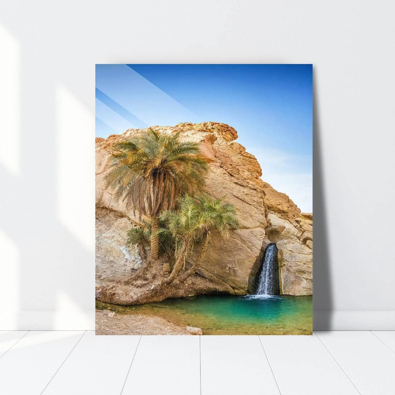 HelloGlass Tempered Glass Wall Art Decor Mountain oasis with palms and waterfall in Chebika desert Tunisia Prints On Glass Paingting Picture Modern Artworks For Living Room Bedroom Office 12x8inch
