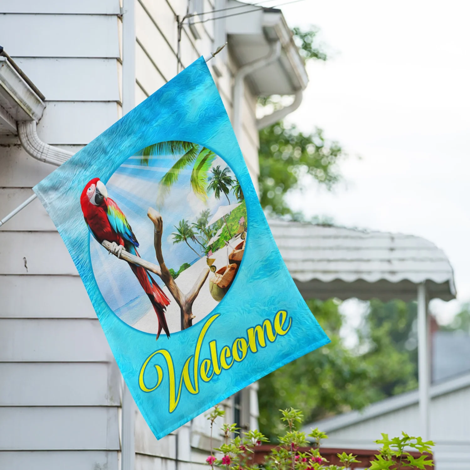 America Forever Tropical Welcome Summer Beach Parrot House Flag 28 x 40 inches Macaw Paradise Palm Tree Drink Nautical Double Sided Seasonal Yard Outdoor Decorative Coastal Flag
