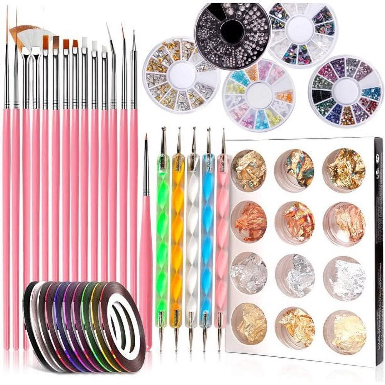 Nail Design Kit with 15 Brushes 5 Dotting Pen 10 Striping Tapes Thousands of Rhinestones Gems Crystals 12 Pots Foil Flakes for Nail Arts for Women Teens Beginners Professionals