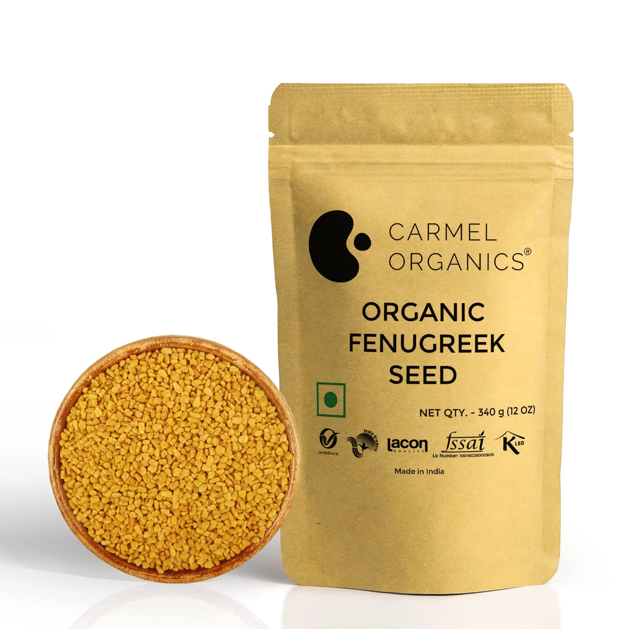 Carmel Organics Fenugreek Seed/Methi Seeds (Whole, 340 Grams) | Trigonella Foenum-Graecum | Jaivik Bharat Certified | Menthya,Venthayam,Menthulu | No Added Preservatives