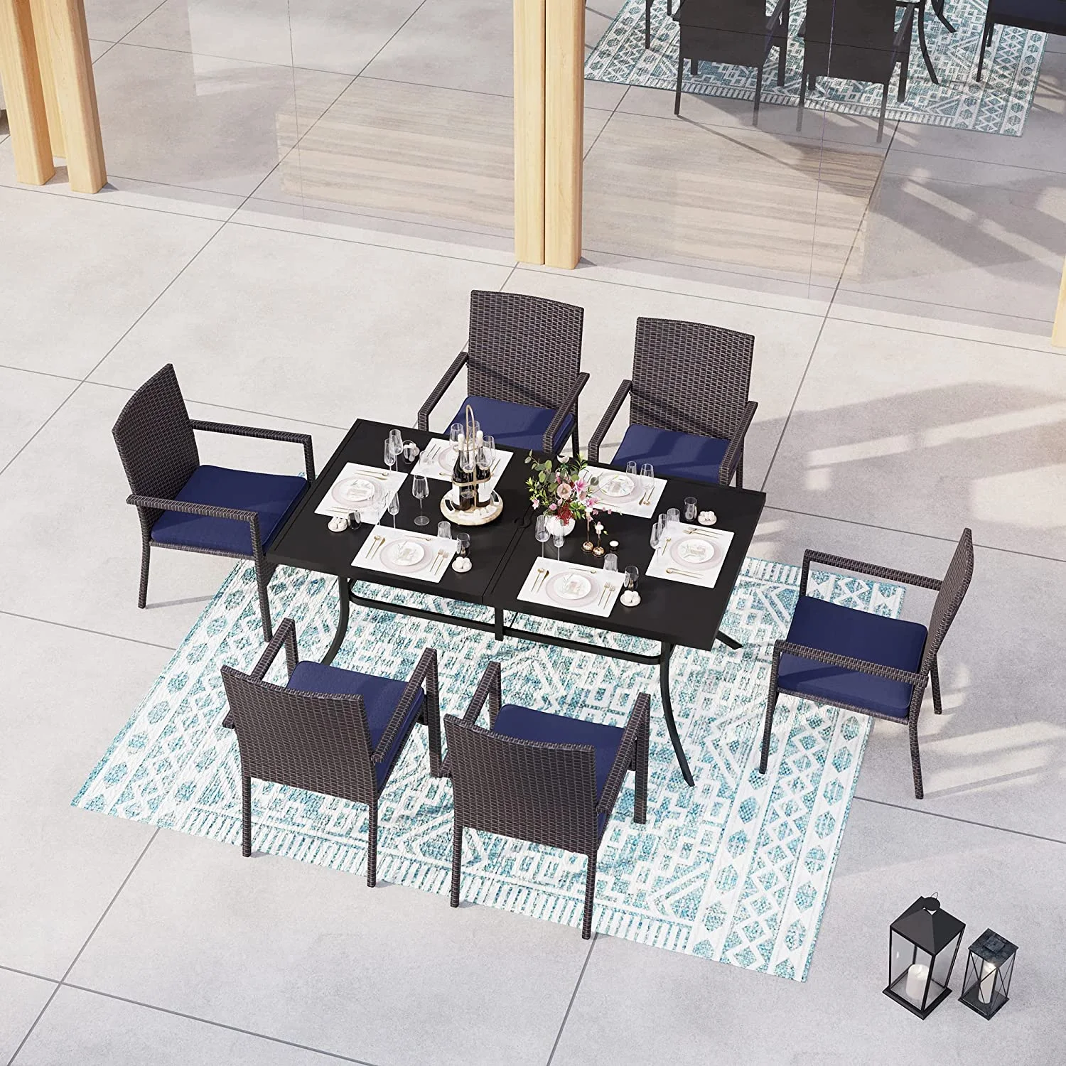 Patio  Set for 8  9 Piece Outdoor Dining Set  8 Rattan Dining Chairs with Removable Cushions and 1 Square Dining Table  1.57'' Umbrella Hole