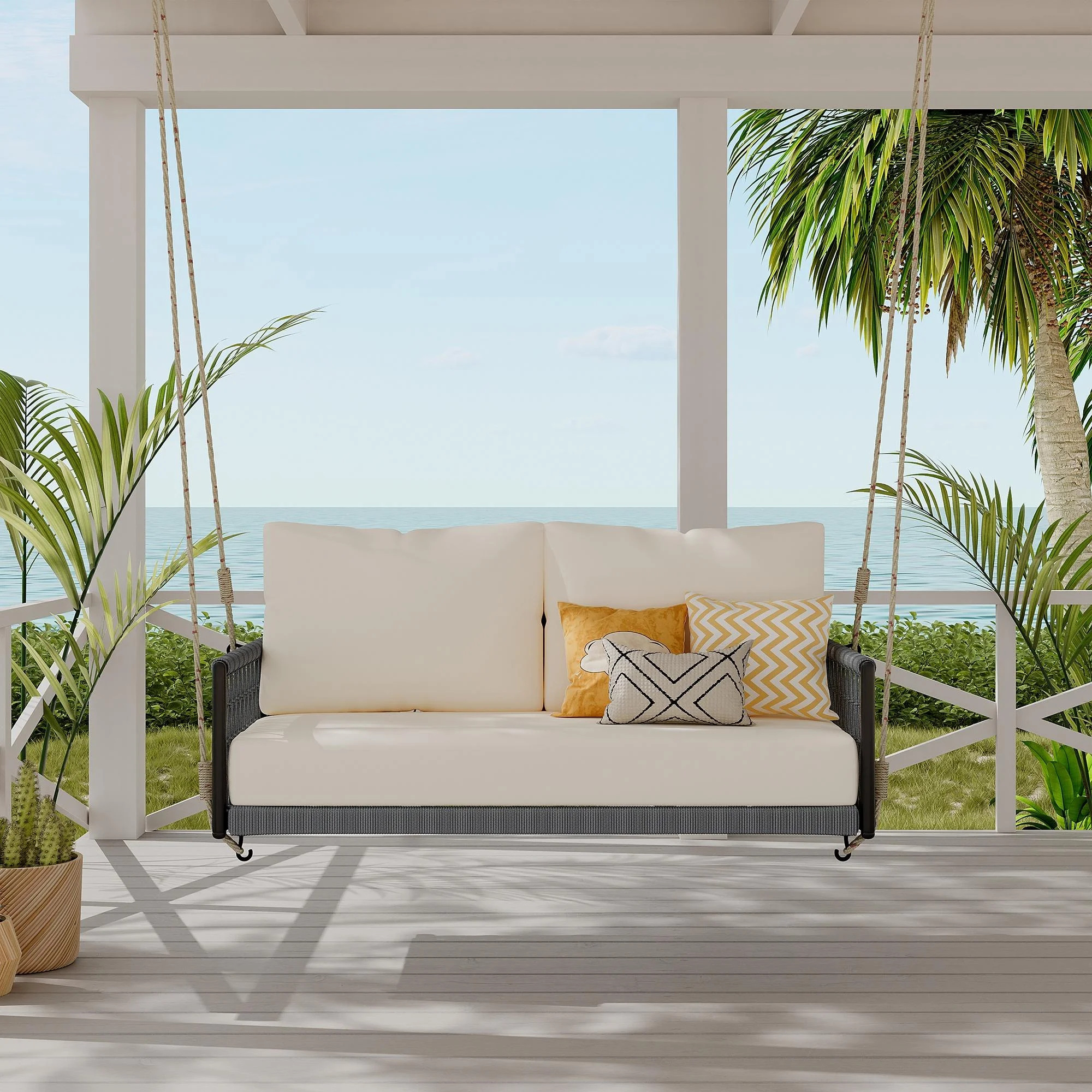 Outdoor Swing Chair, Atumon Woven Rope Outdoor Porch Swing, 2-Seater Hanging Bench with Beige Cushion, Hanging Swing Furniture for Patio Backyard Garden Poolside, Black