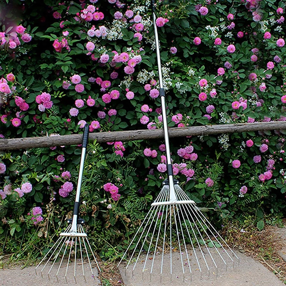 Buumin Adjustable Garden Leaf Rake Alloy Telescopic Hoe Grass Tool Multi Toothed Metal Rake for Deciduous Hay Grass of Lawn and Yard