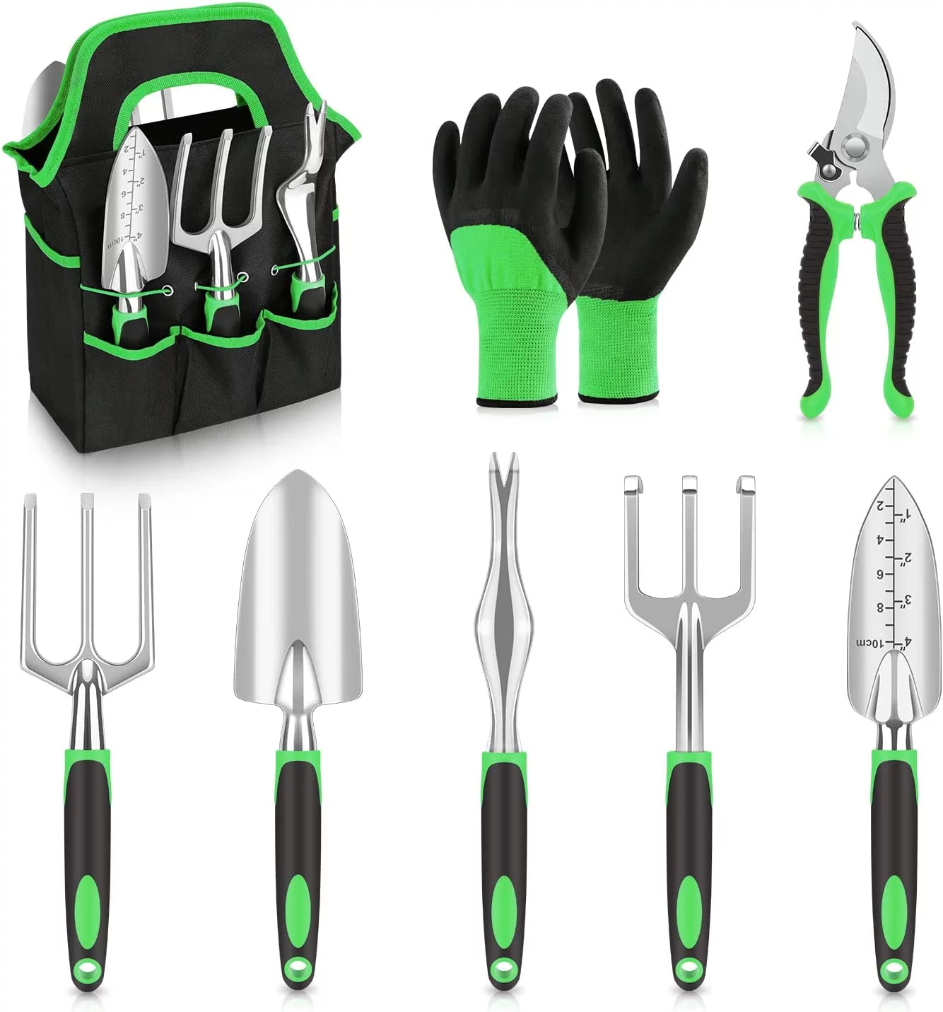 Garden Tool Set 8 Piece,Lightweight Aluminium Alloy Tools with Non-Slip Ergonomic Handle, Durable Storage Tote Bag, Gardening Hand Tools, for Women and Men Green