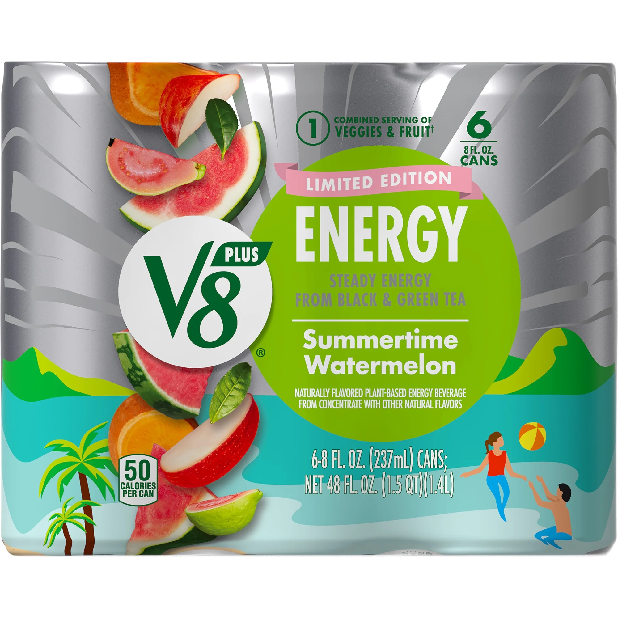 V8 +Energy Limited Edition Summertime Watermelon Juice Energy Drink, 8 fl oz Can, 6 Count