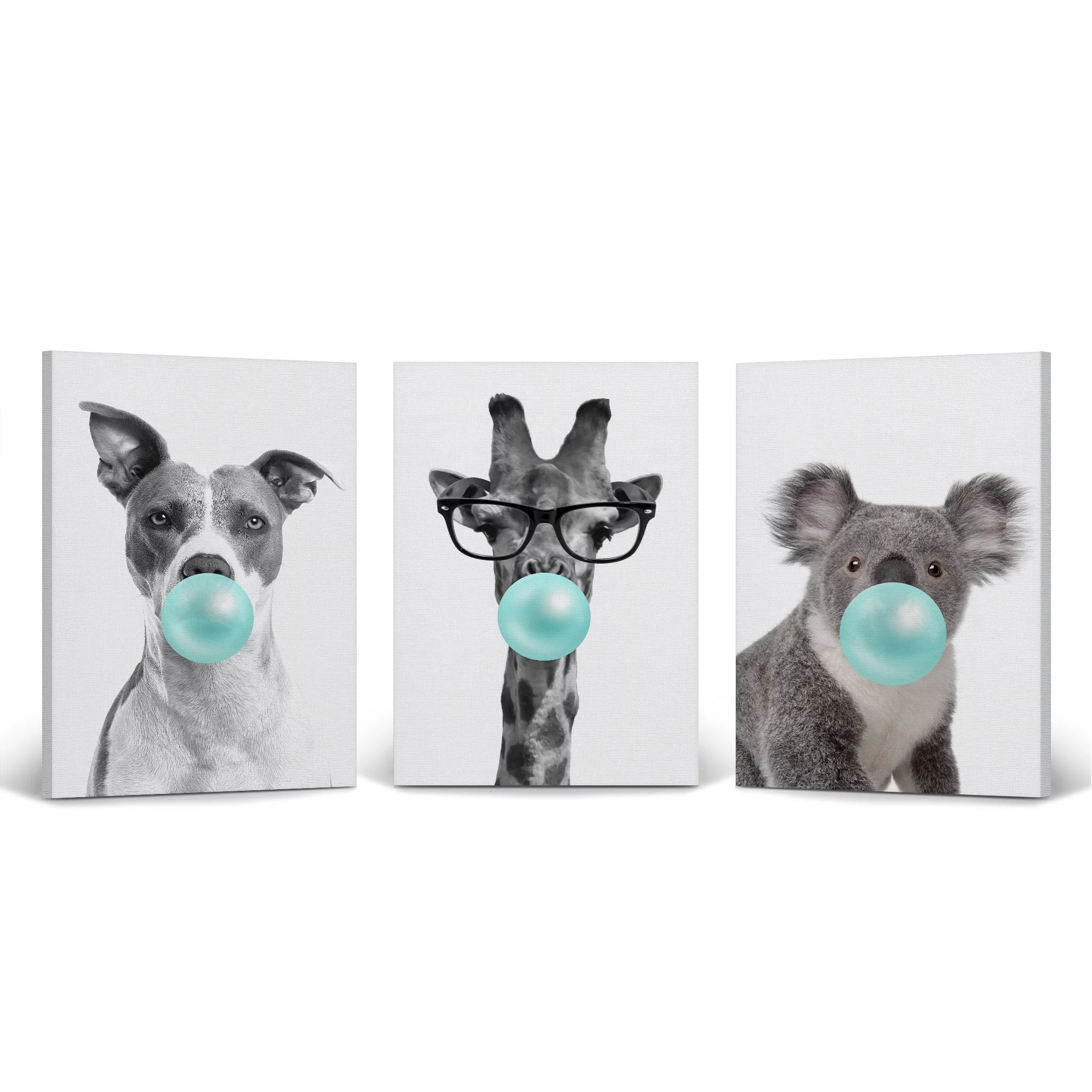 Smile Art Design Dog Giraffe Koala Animal Bubble Gum Art 3 PANEL CANVAS PRINT SET Teal Blue Black and White Wall Art Home Decor Pop Art Living Room Kids Room Nursery Ready to Hang Made in USA 28x19