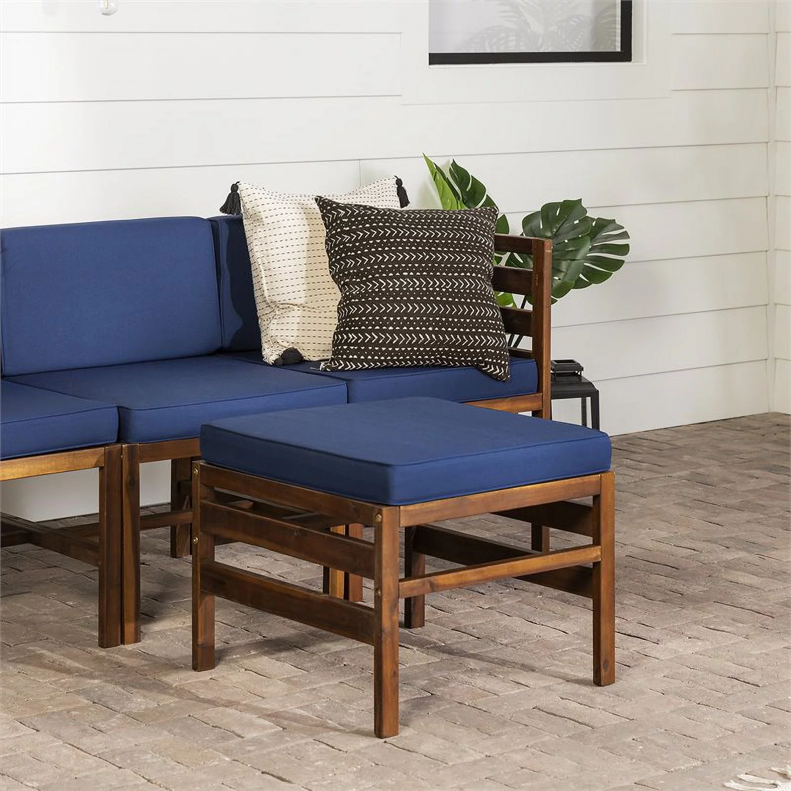 Sanibel 4 Piece Modular Acacia Set with Ottoman in Dark Brown/Navy Blue