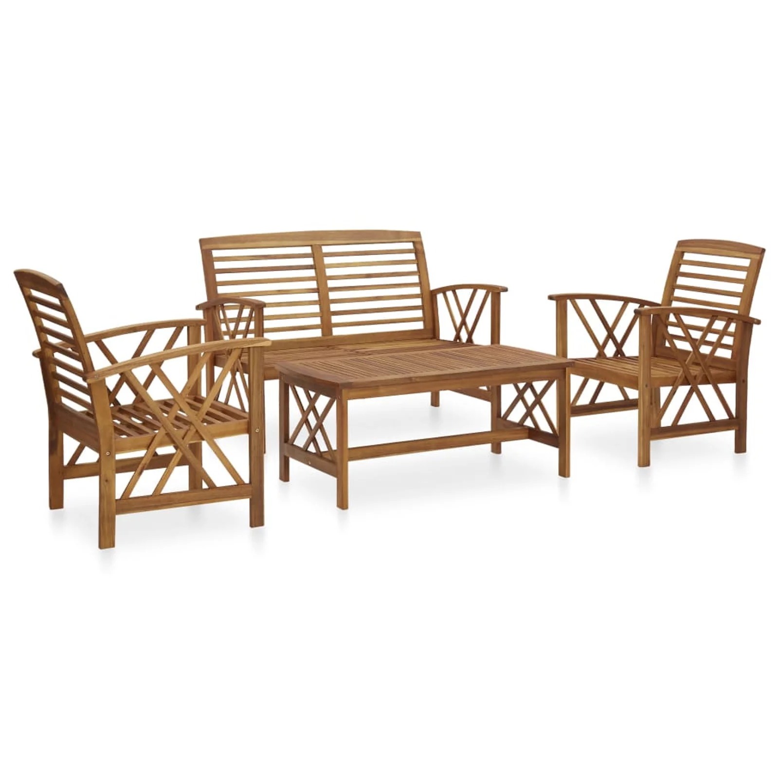 Anself 4 Piece Patio  Set Acacia Wood 2 Garden Chairs with Bench and Coffee Table  Conversation Set for Garden, Lawn, Courtyard