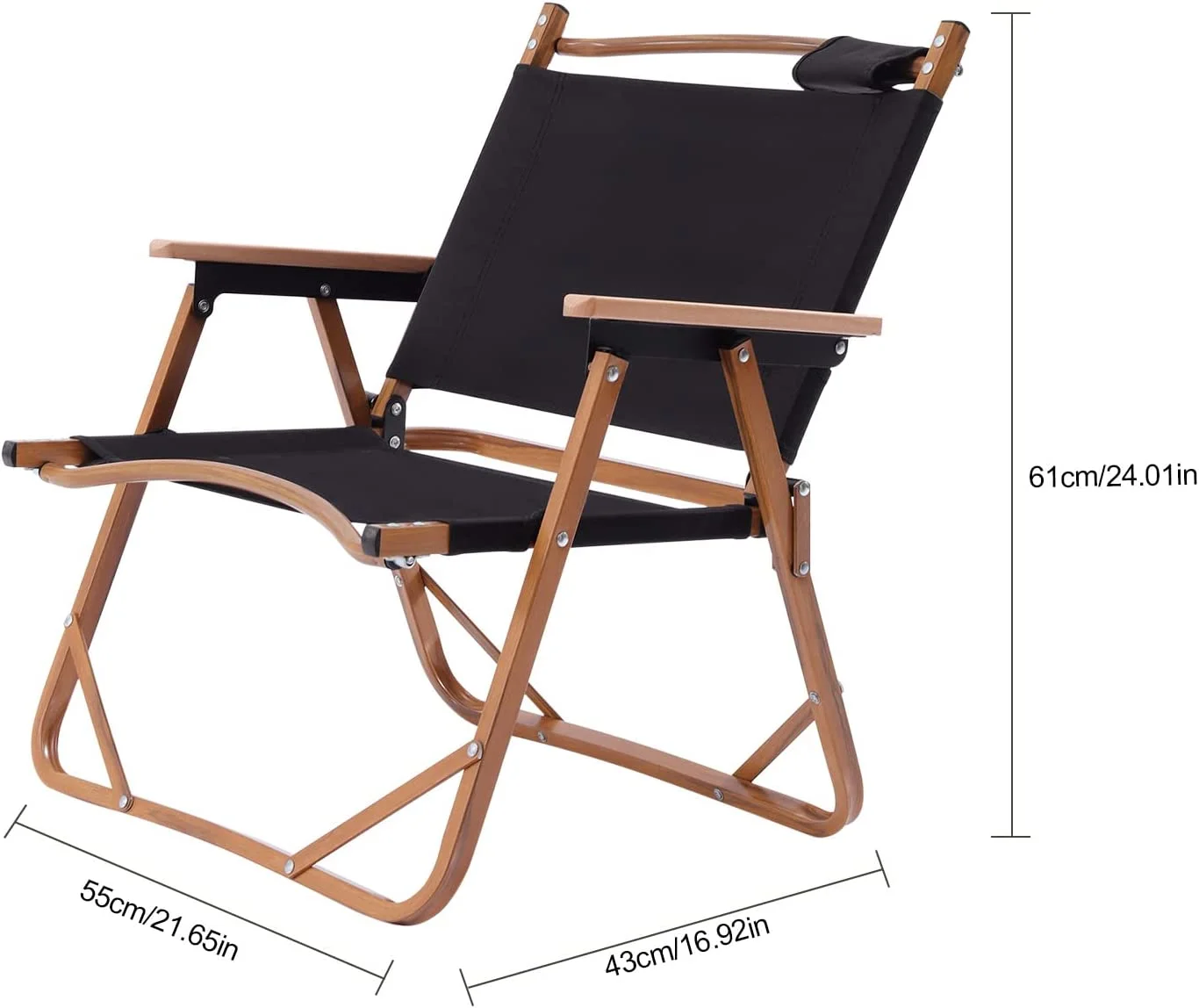 Outdoor Camping Armchair, 600D Oxford Fabric Small Lightweight Folding Chair, Portable Wood Grain Aluminum Picnic Chair, for Beach, Travel, Hiking, BBQ, Small Size, Black(1.65*16.92*24.01in)