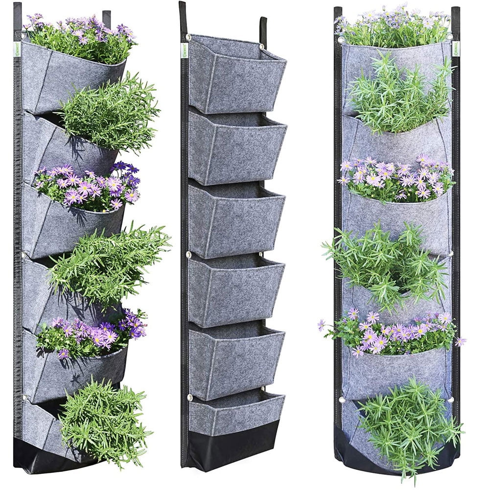 BUYTER Vertical Wall Hanging Garden Planter with 6 Pockets Flower Pots Felt Planter Grow Container Bags (Grey)