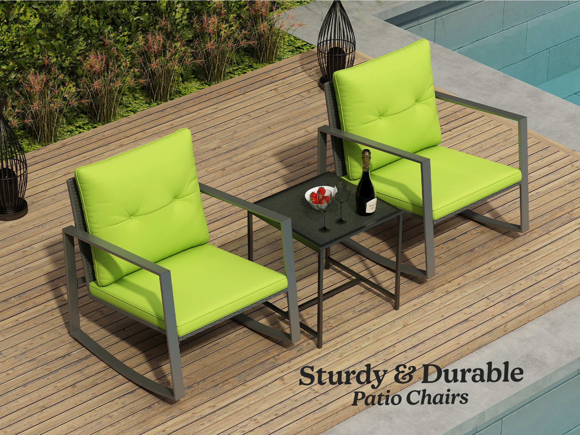 Fleur 3-Piece Patio Furniture Set -Two Solid Relaxing Chairs With Glass Garden Coffee Table - Green